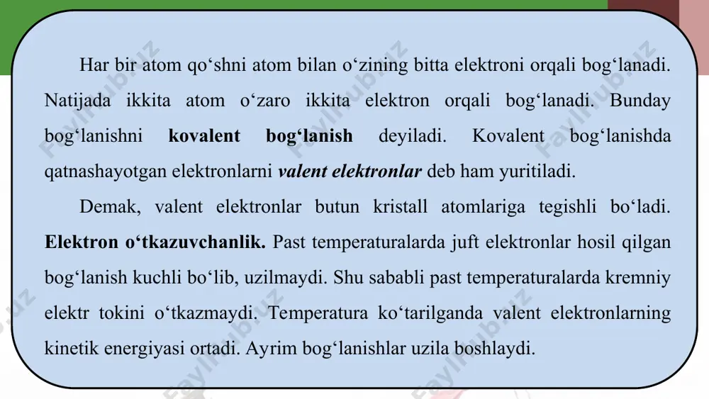 yarimo‘tkazgichlarda xususiy o‘tkazuvchanlik. aralashmali o‘tkazuvchanlik 10 - sinf - Page 5