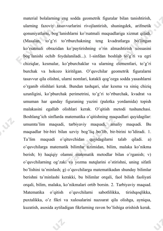 lantiradi, ammo boshqa har qanday fan kabi pedagogika fanining ham xususiy tadqiqot metodlari mavjud. ilmiy tadqiqot metodlari - bu qonuniy bog’lanishlarni, munosabatlarni, aloqalarni o’rnatish va ilmiy nazariyalarni tuzish maqsadida ilmiy axborotlarni olish usullaridir. kuzatish, tajriba, maktab hujjatlari bilan tanishish, o’rganish, suhbat va so’rovnomalar o’tkazish, ilmiy pedagogik tadqiqot metodlari jumlasiga kiradi. so’nggi vaqtlarda matematik va kibernetik metodlardan, shuningdek, modellashtirish metodlaridan foydalanish qayd qilinmoqda. boshlang’ich matematika o’qitish metodikasida butun pedagogik tadqiqotlarda qo’llaniladigan metodlarning o’zidan foydalaniladi. kuzatish metodi – odatdagi sharoitda kuzatish natijalarini tegishlicha qayd qilish bilan pedagogik jarayonni bevosita maqsadga yo’naltirilgan holda idrok qilishdan iborat. kuzatish metodidan o’quv-tarbiya ishining u yoki bu sohasidagi ishning qanday borayotganini o’rganish uchun foydalaniladi. bu metod o’qituvchi va o’quvchilarning faoliyatlari haqida majbur qilinmagan tabiiy sharoitda faktik material to’plash imkonini beradi. kuzatish vaqtida tadqiqotchi o’quv jarayonining odatdagi borishiga aralashmaydi. kuzatish aniq maqsadni ko’zlangan reja asosida uzoq yoki yaqin vaqt oralig’ida davom etadi. kuzatishning borishi, faktlar, sodir bo’layotgan voqealar, …