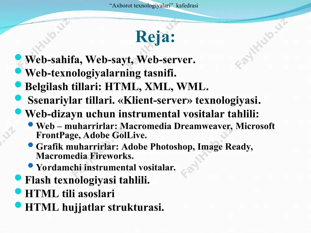 asi vizual axborotni web – sahifada “joylashtirish” va sahifalar o’rtasida aloqalarni tashkil etishdir(gipermurojaatni). “axborot texnologiyalari” kafedrasi html (hyper text markup language) gipermantni belgilash tili (html) web saxifalarni ishlab chiqish va yozish uchun ishlatiladi. html dasturlash tili hisoblanmaydi, lekin bu faqat belgilash tili. bu til qayta ishlash, aniqlashtirish va matnni aks ettirish uchun ishlatiladi (masalan, matn rangini belgilash).1 hujjatlar o’rtasida aloqa o’rnatuvchi va axborotlarni formatlash uchun mo’ljallangan vositalarga teglar(tag) deyiladi. web – sahifa matni va teglar html hujjat deb ataluvchi bitta faylda joylashtiriladi. 1david watson and helen williams, computer science, ® igcse is the registered trademark of cambridge international examinations, 2014. “axborot texnologiyalari” kafedrasi xml (extensible markup language) xml tili bilan html tilining o’xshashlik tomoni shundaki, xml tilida ham hujjatning turli bo’limlarini tasvirlash uchun teglardan foydalaniladi. html tilidan farqli, xml foydalanuvchilarga shaxsiy teglarni aniqlash va mos holda, axborotni ishga tushirish usullarini qo’yishga imkon beradi. xml teglarini yozishda simvol registriga e`tibor qaratishimiz …