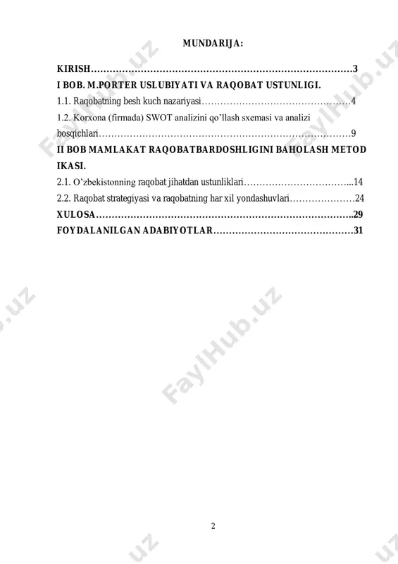 odiyotning farovonligi har bir kompaniya bilan bog'liqligini hisobga olishi kerak. bozor iqtisodiyotini harakatga keltiruvchi,uning taraqqiy etishiga katta ta'sir korsatuvchi raqobatdir. raqobat kurashining ahamiyati shunchalik yuqoriki,usiz bozorni tasavvur etib bo'lmaydi. chunki,u bozor iqtisodiyotining mazmunidir. bozor sharoitidagi raqobat iqtisodiy raqobat bolib,u iqtisodiy jarayonda yuz beradi. undagi asosiy maqsad bozor ishtirokchilarining erkin faoliyat sharoitini yaratish,har bir ishtirokchi o'z harakati uchun zarur muhit va holatni ta'minlash bilan bog'liq bo'lgan kurashdan iboratdir. har bir bozor ishtirokchisining kerakli ishlarni boshqalarga nisbatan muvaffaqiyatli hal qilishi,buning uchun zarur sharoitlarni oldindan va o'z vaqtida yarata olishi,doimo ustunlikka ega bo'lishi kabilar iqtisodiy raqobat kurashining mazmunini tashkil qiladi. bozor iqtisodiyotiga qatnashuvchilar bir-biri uchun raqib hisoblanib,o'zaro kurash olib boradilar.alohida-alohida holdagi ishtirokchilarning bir-birlari o'rtasidagi kurashi umuman bozor iqtisodiyoti bilan yakunlanadi.iqtisodiy raqobat kurashida qatnashuvchilar bir-birlarini shaxsan bilishlari,tanish bo'lishlari zarur emas. buning uchun avvalo bozor xususiyati, uning harakat qonuniyatlarini yaxshi bilgan, sezgan holda faoliyat ko’rsatish asos bo'lib xizmat qiladi. 4 i.bob: m.porter uslubiyati va raqobat …