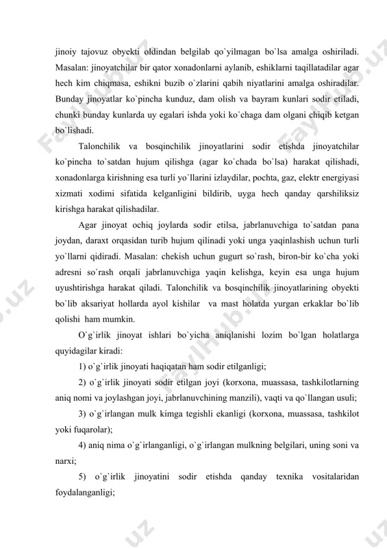 q nima o`g`irlanganligi, o`g`irlangan mulkning belgilari, uning soni va narxi; 5) o`g`irlik jinoyatini sodir etishda qanday texnika vositalaridan foydalanganligi; 6) o`g`irlik kimlar tomonidan sodir etilganligi, ishtirokchilar va ularning vazifalari; 7) o`g`irlangan mulk kimga berilgan yoki sotilganligi; 8) keltirilgan zarar miqdori; 9) o`g`irlik jinoyatining sodir etilishiga olib kelgan sabab va holatlar; 10) keltirilgan moddiy zararni qoplash uchun qanday chora-tadbirlar ko`rish talab etiladi. o`g`irlik jinoyati sodir etilgan joy va uning manzili jabrlanuvchi, mansabdor shaxslar, qorovul, guvoh, surishtiruv organlari vakillari bergan ma`lumotlarda aniq ko`rsatilgan bo`ladi. o`g`irlik jinoyatining sodir etilishi vaqti, usuli va qanday texnikaviy vositalardan foydalanganligi voqea joyini ko`zdan kechirishda aniqlanadi, shuningdek o`g`irlik jinoyatini tergashda aniqlanishi lozim bo`lgan barcha holatlar dastlabki tergov harakatlarini o`tkazish davrida aniqlanadi. o`g`irlik jinoyatini tergashda o`g`irlik sahnalashtirib ko`rilishi, ya`ni o`g`irlik jinoyati sodir etilmagan bo`lsa-da, xonadonlarda, do`kon va davlat mulki saqlanadigan omborlarda mazkur jinoyat sodir etilishi bilan bog`liq holat, vaziyat yaratiladi. voqea joyini sinchkovlik bilan ko`zdan kechirganda bunday mug`ombirlikni fosh …