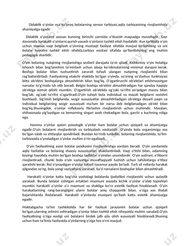 n o‘yinlarni tashkil etish quyidagi bosqichlarni o‘z ichiga qamrab oladi: i bosqich. sahnalashtirish uchun badiiy asarni tanlash. badiiy asarni tanlashda quyidagi talablarga rioya qilish kerak: 1) ertak yoki hikoyada qatnashuvchilar soni ko‘p bo‘lishi kerak; 2) asarning nafaqat mazmuni, balki unda harakatlarning ham turfa xil bo‘lishiga e’tibor qaratish lozim; 3) asar ifodali o‘qishga mos bo‘lishi kerak; 4) asar mazmuni qiziqarli va emotsional bo‘lishi zarur; 5) asar bolalarning yoshiga mos kelishi lozim. ii bosqich. sahnalashtirish uchun tanlangan ertak yoki hikoyaning mazmunini o‘qib berish. iii bosqich. asarni bolalar tomonidan eslab qolinishiga erishish: qayta o‘qib berish, har bir bolaning aytadigan gaplari ustida individual ish olib borish, rasmlar namoyish etish. iv bosqich. o‘yin qiziqarli o‘tishi va uzoq davom etishi uchun o‘yinga kerakli materiallar, kiyimlar tayyorlash hamda rahbarlikni to‘g‘ri amalga oshirish. sahnalashtirilgan o‘yinlar bolalarning yosh xususiyatlarini hisobga olgan holda oddiydan murakkabga qarab yo‘naltirib borilishi maqsadga muvofiq. masalan: o‘rta guruh uchun asosan harakatni aks ettiruvchi asarlar tanlansa, …