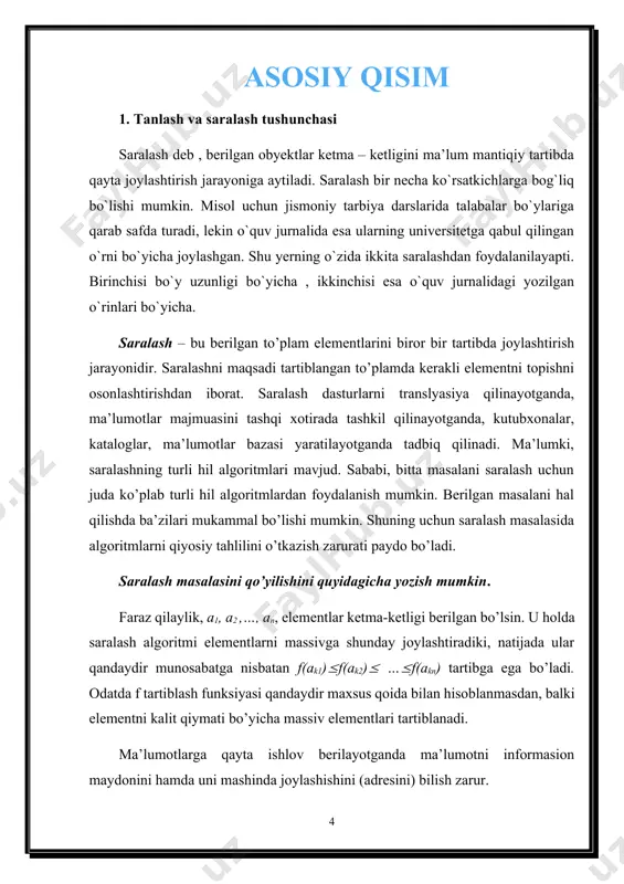 ga ketgan vaqt. · saralash uchun talab qilingan operativ xotira; · dasturni ishlab chiqishga ketgan vaqt. birinchi mezonni qarab chiqaylik. saralash bajarilganda taqqoslashlar yoki almashtirishlar soni hisoblash mumkin. faraz qilaylik, n = 0,01n2 + 10n – taqqoslashlar soni. agar n 1000 bo’lsa, birinchi qo’shiluvchi katta bo’ladi. demak, kichkina n larda taqqoslashlar soni n ga teng bo’ladi, katta n larda esa n2 ga teng bo’ladi. saralashda taqqoslashlar soni quyidagi oraliqlarda bo’ladi: 0(n log n) dan 0 (n2) gacha; 0 (n) – ideal holatda. saralashni quyidagicha usullari bor: · qat’iy (to’g’ridan-to’g’ri) usullar. · yaxshilangan usullar. qat’iy usullar: 1. to’g’ridan-to’g’ri qo’shish usuli. 2. to’g’ridan-to’g’ri tanlash usuli. 3. to’g’ridan-to’g’ri almashtirish usuli. yuqorida keltirilgan uchala usulda ham almashtirishlar soni deyarli bir hil bo’ladi. to’g’ridan-to’g’ri qo’shish usuli bilan saralash bunday usul karta o’yinida keng qo’llaniladi. elementlar (kartlar) hayolan “tayyor” a(1),...,a(i-1) va boshlang’ich ketma-ketliklarga bo’linadi. har bir qadamda (i=2 dan boshlanib, har bir qadamda bir birlikka oshirib …