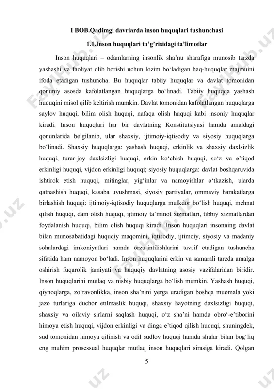 nson sha’nini yerga uradigan boshqa muomala yoki jazo turlariga duchor etilmaslik huquqi, shaxsiy hayotning daxlsizligi huquqi, shaxsiy va oilaviy sirlarni saqlash huquqi, o‘z sha’ni hamda obro‘-e’tiborini himoya etish huquqi, vijdon erkinligi va dinga e’tiqod qilish huquqi, shuningdek, sud tomonidan himoya qilinish va odil sudlov huquqi hamda shular bilan bog‘liq eng muhim prosessual huquqlar mutlaq inson huquqlari sirasiga kiradi. qolgan barcha inson huquqlari nisbiy bo‘lib, favqulodda yoki harbiy holat tartibi joriy qilingan vaziyatda cheklab yoki to‘xtatib qo‘yilishi mumkin. inson huquqlari to‘g‘risidagi ta’limotning rivojida sharq muta- fakkirlarining xizmatlari benihoya kattadir. al-xorazmiy, forobiy, beruniy, ibn sino, amir temur, ulug‘bek, alisher navoiy, bobur mirzo singari o‘nlab olimlar, davlat va jamoat arboblari dunyoqa- rashida, ularning amaliy ishlarida inson huquqlari masalasi alohida o‘rin egallaydi. ular turli muammolar singari inson huquqlari, erkinliklari, qadriyatlari masalasiga ham befarq qaramaganlar va bu borada o‘z fikr-mulohazalarini bildirganlar. inson haqida g‘amxo‘rlik qilish, inson erkinligi, haq-huquqlari to‘g‘risida qayg‘urish, inson sha’nini kamsitadigan urinishlarga yo‘l …