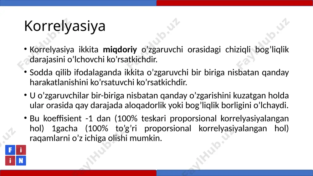 rish imkonini beradi. keyinchalik bu grafik shaklda ko'rsatilishi ham mumkin. korrelyasiyaning kamchiliklari ta’sir kuchining mavjudligini ko’rsatmaydi ko’rsatkichlar orasida korrelyatsiya mavjud ekani ular o’rtasida ta’sir ham mavjudligini anglatmaydi. a va b o’zgaruvchilar bir-biriga bog’liq holda harakatlanishi, a ko’rsatkich b-ni, yoki b ko’rsatkich a-ni o’zgarishiga sabab bo’layotganini bildirmaydi. ekstrapolyasiya asosida xulosa qilish imkonini bermaydi korrelyatsiya darajasini aynan shu berilgan ma’lumotlar asosida hulosa chiqarishga yetarli bo’ladi. masalan, korrelyasion tahlil 1/2 soatdan 3 soatgacha uyda mustaqil o’qish talabaning yakuniy imtihondan mos ravishda 30 dan 40 ballgacha baho olishini ko’rsatsa,bu degani talaba 6 soat dars qilib 80 ball olishidan dalolat bermaydi. regressiya agar o'zgaruvchilar o'rtasidagi bog'liqlik mavjud bo'lsa (korrelyasiya koeffisienti asosida o’rganganimizdek) biz bir o'zgaruvchining xatti-harakatini, masalan, y-ni, boshqasining xatti-harakati, deylik, x asosida bashorat qilish imkoniyatiga ega bo'lamiz. regressiya tahlili - mashxur statistik tadqiqot usuli - bu bog’liqlik o’zgaruvchi y va mustaqil o'zgaruvchilar o'rtasidagi munosabatlarni tasdiqlash uchun foydali. - bashorat qiluvchi, tushuntiruvchi yoki x bilan …