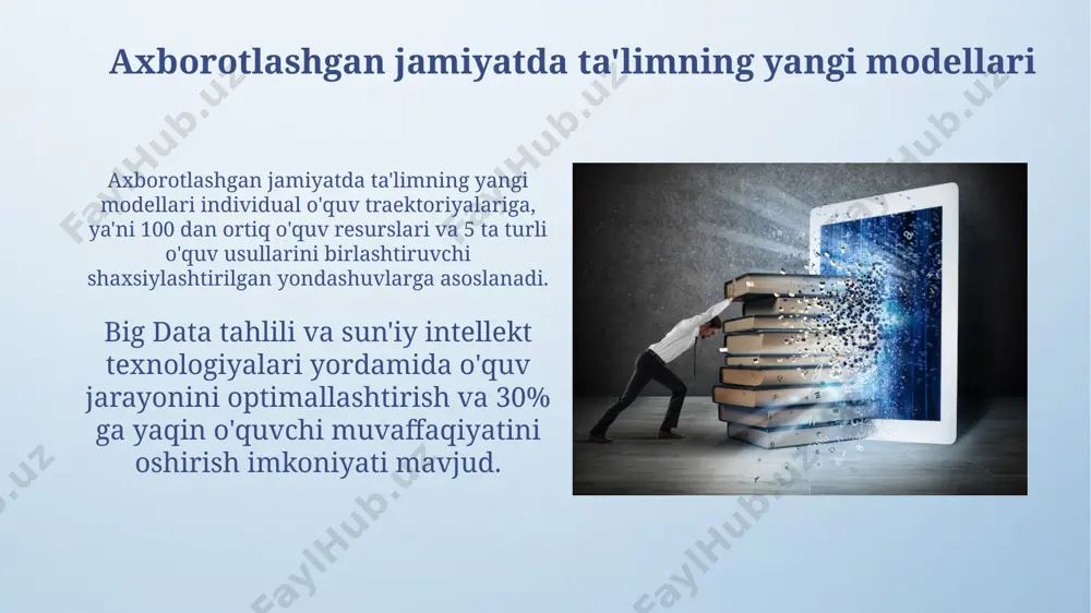 axborot ta'minoti aqliy salohiyatni oshirishda hal qiluvchi omil hisoblanadi. axborotga kirish imkoniyati tengsiz bo'lsa, bolalarning intellektual rivojlanishida katta farqlar kuzatiladi. tadqiqotlar shuni ko'rsatadiki, chegaralangan axborotga ega bolalar o'rtacha 20% kamroq bilimga ega bo'lishadi. zamonaviy ta'limda axborot texnologiyalarining ahamiyati zamonaviy ta'limda o'quvchilarning 90% dan ortig'i axborot texnologiyalaridan foydalanib, onlayn resurslar, elektron kutubxonalar va ta'lim platformalaridan bilim olish imkoniyatiga ega. interfaol o'yinlar va simulyatsiyalar kabi axborot texnologiyalari vositalaridan foydalanish o'quv jarayonini 30% ga samaraliroq va qiziqarliroq qiladi, bilmlarni mustahkamlashga yordam beradi. ta'lim jarayonida axborot xavfsizligi ta'lim muassasalarida shaxsiy ma'lumotlarning 90% dan ortig'i elektron shaklda saqlanadi, shuning uchun kiberxavfsizlik choralari va maxfiylik siyosatining kuchliligi juda muhim. bolalar onlayn xavfsizlikka oid 5 ta asosiy qoidani (masalan, begonalar bilan suhbatlashmaslik, shaxsiy ma'lumotlarni oshkor qilmaslik) bilishi va ularga amal qilishi kerak. interaktiv o'quv materiallari va ularning ahamiyati interaktiv o'quv materiallari, masalan, simulyatsiyalar va o'yinlar, o'quv jarayonini 30% ga samaraliroq qiladi, chunki ular talabalarning faol ishtirokini ta'minlaydi …