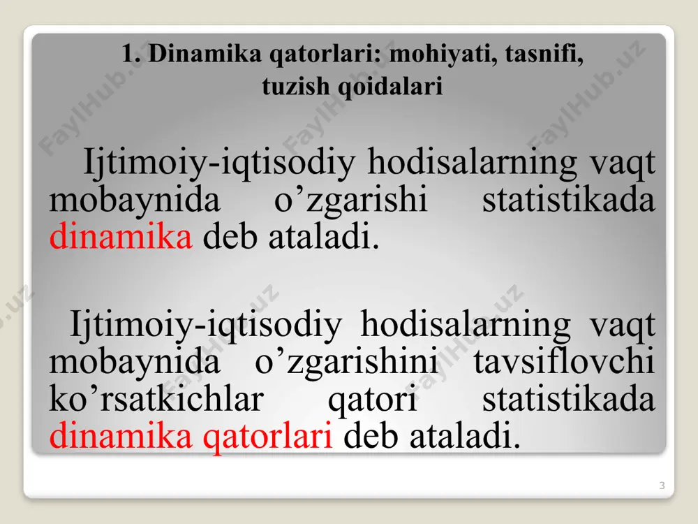 ….........….....4 12.0i.da ishga qabul qilinganlar soni ……………..5 26.0i da ishga qabul qilinganlar soni. ……………..6 yanvar oyi uchun oʼrtacha roʼyxatadagi ishlovchilar sonini quyidagicha aniqlaymiz: 16 oʼrtacha mutlaq oʼzgarish dinamika qatorlarining individual oʼzgarish darajalariga umumlashtirib tavsiflab beradi va quyidagi formula bilan aniqlanadi: (1-jadval ma`lumotlari bo`yicha) dinamika qatorlarida oʼrtacha mutlaq oʼzgarish, qatorning boshidagi va oxiridagi mutlaq daraja yordamida ham hisoblanadi: 17 statistikaning vazifasi oʼzgarish surʼatlarini yillar boʼyicha hisoblash emas, balki uzoq yillar uchun ham hodisaning rivojlanish intensivligini baholashdir. bu vazifani oʼrtacha yillik oʼzgarish surʼatlari bajaradi. аgarda zanjirsimon usulda oʼzgarish surʼatlari maʼlum boʼlsa, oʼrtacha yillik oʼzgarish surʼatini quyidagi oʼrtacha geometrik formulasi yordamida aniqlaymiz. oʼrtacha yillik oʼzgarish surʼatini mutloq darajalar asosida ham hisoblash mumkin: 18 4. dinamika qatorlarini qayta ishlashning statistik usullari interval (davr) oralig’ini kengaytirish – bu usulning mohiyati shuki, agar oldingi intervallarda hisoblangan darajalar hodisaning rivojlanish tendentsiyasini ko’rsatmasa, ular asosida yangi intervallar (kengaytirilgan) tuzilib va har bir yangi interval bo’yicha qator darajasi hisoblaniladi. …