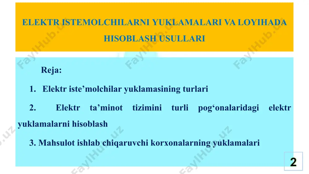 bilan bog‘liqlikda baholanadi va um = 1 deb qabul qilinadi. elektr ta’minoni 8 ko‘tarma kranlarda elektr energiyasi iste’molchisi deganda har bir mexanizmning elektr yuritmasi va hatto ikkita yuritma dvigatelning birgalikdagi quvvati qabul qininadi. qisqa takrorlanuvchi ish tartibida ishlaydigan elektr iste’molchilar uchun nominal quvvat, pasport ko‘rsatkichlariga asosan uzoq muddatli ish rejimiga ko‘ra quyidagi formuladan topiladi: elektr dvigatellar uchun: 9 transformatorlar uchun: bu yerda: ppasp–elektr dvigatel pasportidagi quvvat ko‘rsatkichi, kvt; spasp – transformator pasportidagi to‘la quvvat ko‘rsatgichi, kva. 10 elektr ta’minoni 11 ma’lum bir vaqt oralig‘idagi aktiv, reaktiv, va to‘la quvvat yoki tok ko‘rsatkichini o‘rtacha ko‘rsatkich sifatida olish mumkin. bunday qiymatlarni maksimal ko‘rsatkich ko‘rinishida ham qabul qilish mumkin. muddatning miqdoridan kelib chiqqan holda, ikki xil maksimal yuklama qiymati olinadi: - uzoq muddatli maksimal yuklama - vaqt uzunligi 10, 30, 60 minut va h.k. elektr ta’minoni 12 - qisqa muddatli maksimal yuklama – cho‘qqi (pik) yuklama bo‘lib 1-2 soatni tashkil etadi. 30 minut …