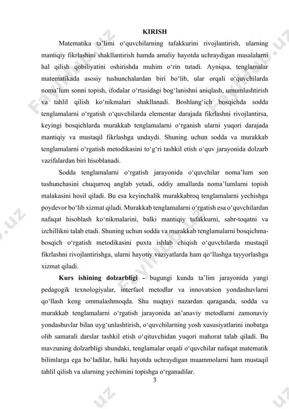 miy o‘rta ta’lim maktablarida matematika fanini o‘qitish jarayoni, xususan tenglamalarni o‘rgatish metodikasi. kurs ishining predmeti - sodda va murakkab tenglamalarni o‘rgatishning samarali metodlari, usullari va texnologiyalarini o‘quv jarayonida qo‘llash yo‘llari. kurs ishining maqsadi - sodda va murakkab tenglamalarni o‘rgatishda qo‘llaniladigan metodlarni tahlil qilish, ularning samaradorligini ko‘rsatish hamda o‘quvchilarda mustaqil fikrlash va mantiqiy tafakkurni shakllantirishga xizmat qiluvchi metodik tavsiyalar ishlab chiqish. kurs ishining vazifalari quyidagilardan iborat: 1. sodda tenglamalarni o‘rgatishning nazariy asoslarini yoritish. 2. murakkab tenglamalarni bosqichma-bosqich o‘rgatish jarayonini tahlil qilish. 3. tenglamalarni o‘rgatishda uchraydigan qiyinchiliklarni aniqlash va ularni bartaraf etish yo‘llarini ko‘rsatish. 4. zamonaviy pedagogik texnologiyalar va interfaol metodlardan foydalanish imkoniyatlarini ochib berish. 5. amaliy mashg‘ulotlar asosida o‘quvchilarning mantiqiy tafakkurini va mustaqil ishlash qobiliyatini rivojlantirish. kurs ishining tuzilishi - ushbu kurs ishi kirish qismidan, ikki bobdan, har bir bob uch bo‘limdan, xulosa hamda foydalanilgan adabiyotlar ro‘yxatidan iborat. birinchi bobda sodda tenglamalarni o‘rgatishning nazariy va metodik asoslari yoritiladi, ikkinchi bobda murakkab …