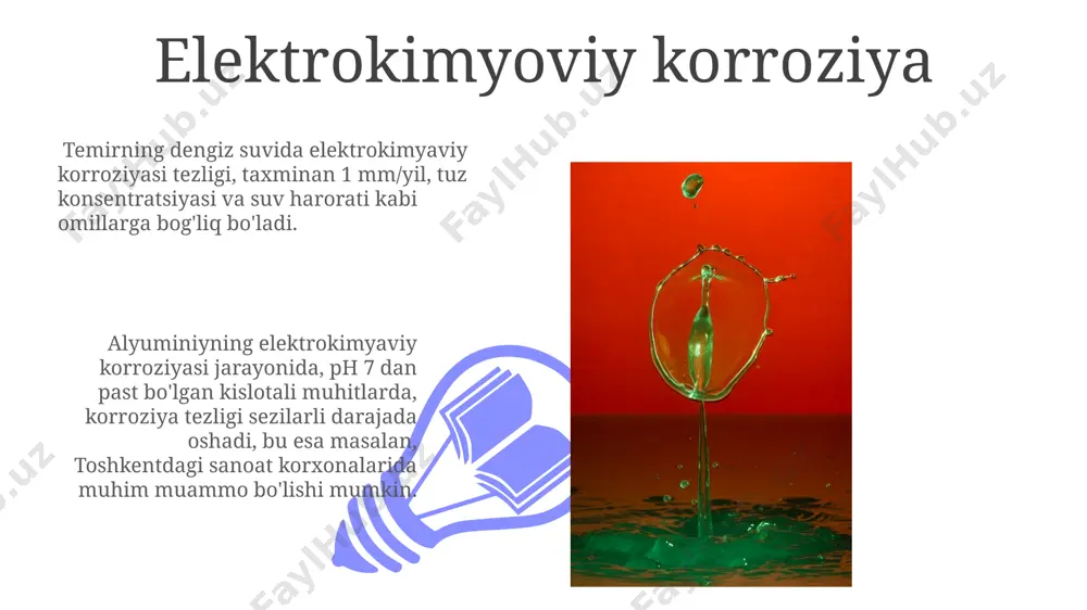 ir. elektrolit eritmalarda, masalan, natriy xloridning suvda erishi natijasida hosil bo'lgan eritmada, elektr toki 10 -6 s/m dan 10 -1 s/m gacha bo'lgan o'tkazuvchanlikka ega bo'ladi. bu esa o'tkazuvchanlikning kattaligiga bog'liq. elektr maydonining ta'siri tok kuchining 5 a dan 10 a gacha oshishi natijasida toshkentdagi tajriba laboratoriyasida o'tkazilgan eksperimentda elektrolit qarshiligi 2 omaga kamaydi, bu esa energiya sarfini 10% tejashga imkon beradi. 100 v kuchlanishli elektr maydoni ta'sirida 50 ml suvda erigan 10 g nacl tuzining elektrolitik dissotsiatsiyasi natijasida 20°s da ionlarning harakatchanligi 2-3 marta ortadi. galvanik elementlar daniell elementi, 1836-yilda jon frederiks daniell tomonidan angliyada ixtiro qilingan, ikkita turli metall elektrod (mis va sink) va ikkita elektrolit (mis sulfat va sink sulfat) eritmalaridan iborat boʻlib, barqarorroq kuchlanish beradi. zamonaviy galvanik elementlar, masalan, qoʻrgʻoshin-kislota akkumulyatorlari (avtomobillarda ishlatiladi) yoki litiy-ion batareyalar (portativ elektron qurilmalarda qoʻllaniladi), 1,5 dan 12 voltgacha kuchlanish hosil qila oladi va turli xil quvvatga ega. faradayning elektrolitlar uchun …