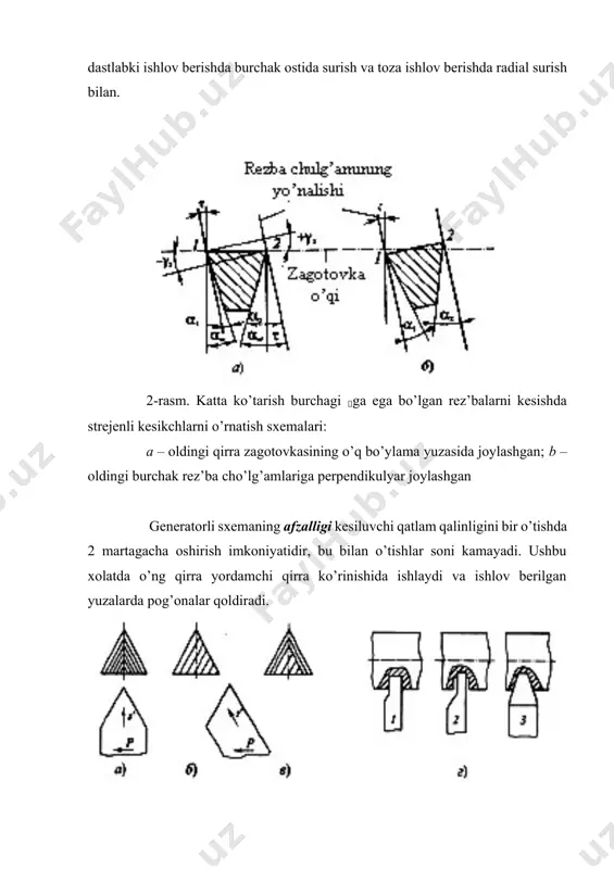 orligi quyidagilarga asosan yuqori bo’ladi: 1) ko’p tishli kesuvchi asboblarni qo’llash bilan; 2) bitta tishga kesish qatlami ortishi bilan (diskli frezalar); 3) keskichlarning qattiq qotishma bilan jihozlanganligi uchun kesish tezligi ortadi. grebyonkasimon frezalarni (6-rasm) o’tkir burchakli tashqi va ichki mayda qadamli rez’balarni zagotovkaning tsilindrsimon va konussimon yuzalarida kesish uchun qo’llaniladi. ular rez’ba profiliga mos keluvchi tishli diskli frezalarni bir korpusga bir butun qilib jamlangan ko’rinishda bo’ladi. freza o’qiga bo’ylama yo’nalishda to’g’ri chiziqli yoki vintsimon shaklda qirindi kanavkalari kesilgan bo’lib, tishlarning orqa burchagini hosil qilish uchun freza tishlarini arximed spirali bo’yicha kesiladi. tashqi rez’bani tsilindrsimon grebyonkasimon freza yordamida kesish sxemasi 7-rasmda keltirilgan. bunda frezaning o’qi zagotovka o’qi bilan parallel holatda o’rnatiladi. freza o’z o’qi atrofida v1 tezlik bilan aylanadi va kesishni boshlang’ich vaqtida sp =szzhф radial surish bilan kesib kiradi, so’ngra u rez’baning bitta qadami r qiymatiga zagotovka o’qi yo’nalishi buylab spr = p surish bilan xarakatlanadi. tezkesar po’latdan tayyorlangan frezalar …