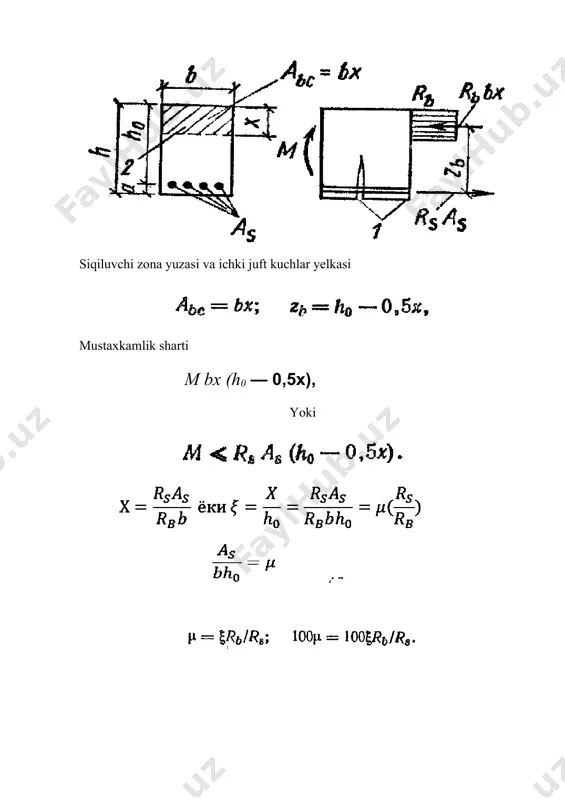 lash statikaning eng muhim ikki shartiga: barcha kuchlarning element o’qiga bo’lgan proektsiyalarining yig’indisi nolga tengligi (x=0) ga va armatura as da teng ta’sir etuvchi kuchlarning qo’yilish nuqtasi orqali o’tgan o’qqa nisbatan barcha momentlarning yig’indisi nolga tengligi (m=0) ga asoslangan. (x=0) sharti neytral o’qning joylashishini (binobarin, siqilgan sohaning yuzasi avs ni ham) aniqlash uchun xizmat qiladi: rsas-rvavs=0 yoki rsas=rvavs. m=0 shartidan kesimning mustahkamligi aniqlanadi: m-rvavszv=0 yoki m=rvavszv. agar tashqi moment m ichki kuchlar rv avs zv dan oshib ketmasa, kesimning mustahkamligi taominlangan bo’ladi. shuning uchun mustahkamlik sharti uzil-kesil quyidagicha ifodalanadi: m rv avs zv. oldindan zo’riqqan element uchun shu formulalarning o’zida zo’riqadigan as va as1 armaturani hisobga oluvchi qo’shimcha hadlar bo’ladi: 1. siqilgan sohaning balandligini aniqlash sharti rsas+ s6rsasr-rvavs-rscas1-scas1r=0. 1. mustahkamlik sharti mrvavszv+rscas1(h0-a1)+ scas1r(h0-a1r). egilayotgan element faqat to’sin o’qiga normalpp kesim bo’yichagina emas, balki qiya kesim bo’ylab ham buzilishi mumkin. eng xavfli qiya kesim, odatda, tayanchga yaqin joyda bo’ladi. bu yerda …