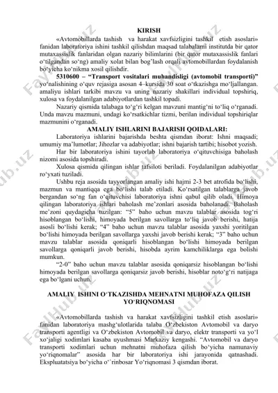 avtomobillarda tashish va harakat xavfsizligini tashkil etish asoslari — DOC