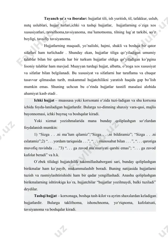 maydi, balki tuziladi” deydilar. tashqi hujjat – korxonaga, boshqa tash-kilot va ayrim shaxslardan keladigan hujjatlardir. bularga taklifnoma, ishonchnoma, yo‘riqnoma, kafolatxati, tavsiyanoma va boshqalar kiradi. tavsifnoma tavsifnoma muayyan shaxsning o‘qish, mehnat jarayonidagi, yashash joyidagi ijtimoiy-jamoatchilik faoliyati, erishgan muvafaqqiyatlari, o‘ziga xos xislatlari, fazilatlarini aks ettiruvchi rasmiy hujjatdir. bu hujjat korxona, tashkilot, muassasa, o‘quv yurti rahbariyati tomonidan o‘z xodimi, talabasi, o‘quvchisi o‘qishga yoki ishga kirayotganda, chet elga o‘qishga, ishga, tajriba almashishga yoki sayohatga ketayotganda, yangi lavozim, ish yoki mansabga tayinlanayotganda, erishgan muvaffaqiyatlari uchun rag‘batlantirilayotganda berilishi mumkin. hujjatda tavsiflanayotgan shaxsning o‘qish, ish, jamoatchilik faoliyati, ishchanligi, ijodkorligi, axloqiy, ma’naviy-ma’rifiy, siyosiy saviyasi, oilaviy ahvoli o‘z ifodasini topadi. tavsifnoma uchinchi shaxs nomidan bayon etiladi. bu hujjatning "tavsifnoma", "ishlab chiqarish tavsifnomasi", "xizmat tavsifnomasi" kabi turlari ish qog‘ozlari yuritishda qo‘llaniladi. barcha turdagi tavsifnomalar uchun umumiy bo‘lgan zaruriy qismlarga quyidagilarni kiritish mumkin: · tavsifnoma berilayotgan shaxs haqidagi asosiy ma’lumotlar: - tavsiflanayotgan shaxsning o‘qish yoki ish joyi nomi; - lavozimi; - …