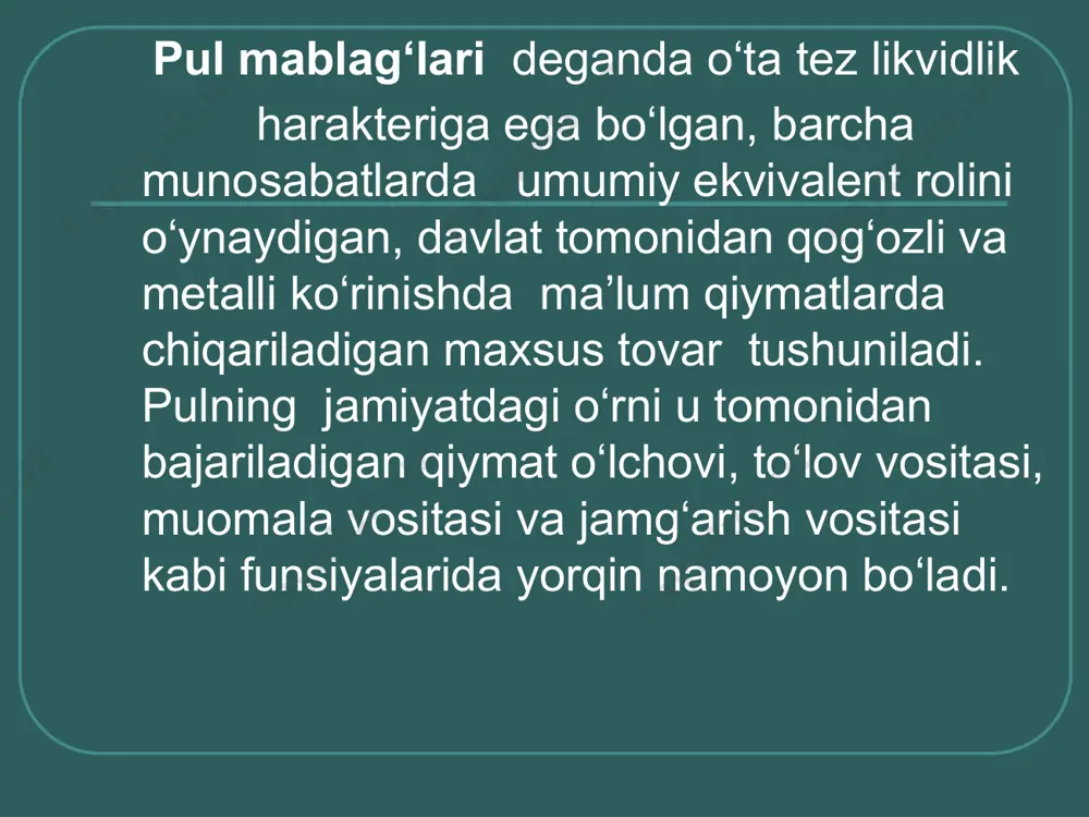 a uni оlishga muvafaqiyat bo`ladi. bоshqacha aytganda sоtuvchi o`z tоvarini оluvchiga ma`lum muddatga qarzga sоtadi. shunday qilib, kreditоr – bu kredit alоqalarining bir tоmоni bo`lib, u ssuda beradi. bоsho`acha aytgandi ssuda beruvchi yoki real mavjud narsani vaqtincha fоydalanish uchun berib turuvchi har qanday sub`ekt kreditоr bo`la оladi. ssuda berish uchun esa kreditоr ma`lum mablag`larga ega bo`lishi lоzim. bu mablag`larning manbalari xilma-xil bo`lishi mumkin. moliyaviy munosabatlar xo’jalik yurituvchi sub’ektning o’z kapitalini. markazlashtirilgan va markazlashtirilmagan pul fondlarini tashkil qilish va sarflash bilan bir vaqtda sodir bo’ladi. o’zining iqtisodiy mazmuniga ko’ra jami moliyaviy munosabatlar quyidagi yo’nalishlar bo’yicha guruhlanishi mumkin: 1) кorxonani tashkil qilish vaqtida – ustav kapitalini tashkil qilish bilan bog’liq bo’lgan ta’sischilar o’rtasidagi pul munosabatlar. ustav kapitali ishlab chiqarish fondlarini tashkil qilishning dastlabki manbai bo’lib hisoblanadi; 2) mahsulot ishlab chiqarish va sotish bilan bog’liq bo’lgan o’zaro korxonalar o’rtasidagi pul munosabatlar. bu asosan mol etkazib beruvchilar bilan xaridorlar o’rtasidagi munosabatlardir; image1.png image2.png image3.jpeg …