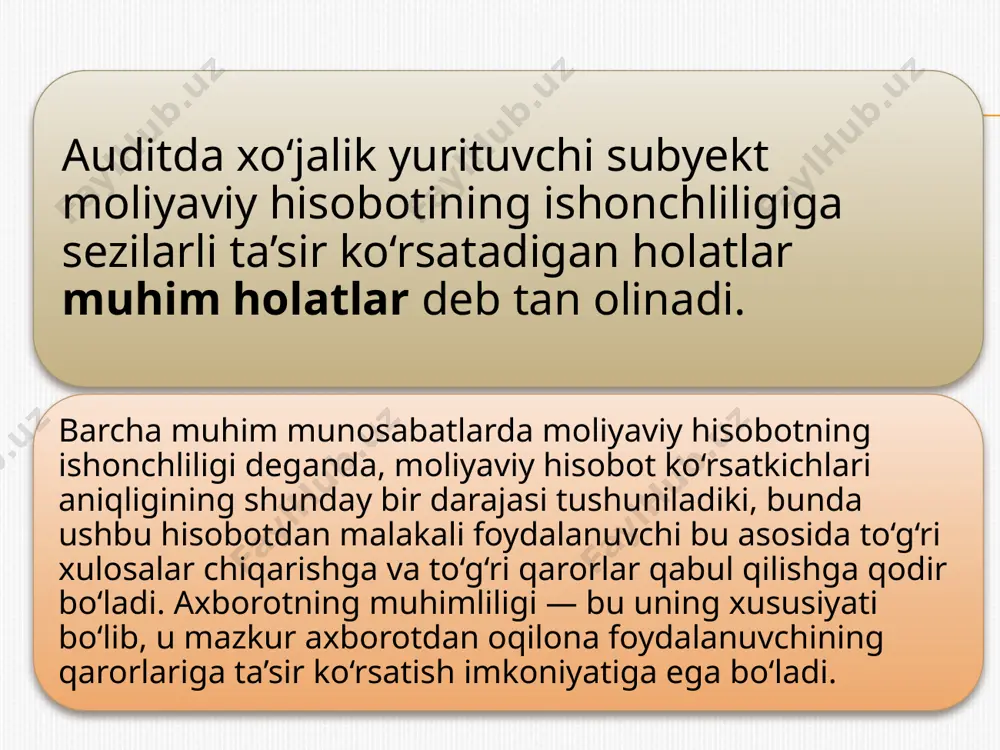 oz uchun esa katta auditor tomonidan ishlab chiqilishi mumkin. tekshiruv strategiyasida audit tekshiruvi uslubiyatlari to‘g‘risidagi ma’lumotlar ham yoritilishi mumkin. ushbu uslubiyatlarni belgilash jarayonida auditorga, mijozning buxgalteriya ma’lumotlarini tizimlashtirilgan asosda hisobga olinishi juda qo‘l keladi. ma’lumotlarni tizimlashtirilgan holda hisobga olishda (1) operatsiyalar boshlang‘ich hisob hujjatlarida qayd etiladi; (2) bu hujjatlardagi ma’lumotlar jurnallarda umumlashtiriladi; (3) jurnal ma’lumotlari tegishli schyotlar debiti va kreditiga kiritiladi; (4) yil yakunida schyotlar balansi asosida moliyaviy hisobotlar tayyorlanadi. 1) auditor m a’lum operatsiyalarni dastlabki hisob hujjatlarida qayd etilishidan to moliyaviy hisobotlarga kiritilguniga qadar jarayonni o‘rganib chiqishi mumkin. buning natijasida auditor, barcha operatsiyalar to‘g‘ri va to'liq hisobga olinganiga ishonch hosil qiladi; 2) auditor yakuniy ma’lumotlarni ularni dastlab aks ettirgan hisob hujjatlari yo‘nalishi tomon o‘rganib chiqishi mumkin. bunda, moliyaviy hisobotlarning turli elementlarida keltirilgan ma’lumotlarni tekshirishda schyotlar, schyotlardan jurnallar, ulardan esa dastlabki hisob hujjatlari tomon yo‘nalish tanlanishi muinkin. shu asosada auditor, moliyaviy hisobotda keltirilgan ma’lumotlar asosli, haqiqatdan ham sodir etilgan operatsiyalar …