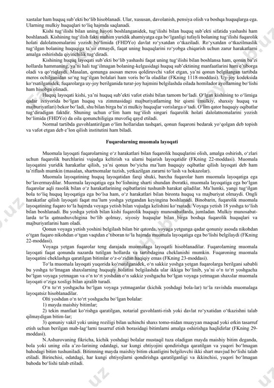 chlari” nomli ikkinchi bo‘limidagi qator moddalarda keng ta’riflangan va mustahkamlangan. ularda fuqarolarning mol-mulkka ega bo‘lishi, meros olishi, meros qoldirishi, kasb va turar-joy tanlash, fan, adabiyot, san’at asarlari yaratish, tadbirkorlik faoliyati bilan va umuman qonunda ta’qiqlanmagan har qanday faoliyat bilan shug‘ullanish, shuningdek boshqa keng mulkiy va shaxsiy nomulkiy huquqlarga ega bo‘lishlari mumkinligi aytilgan va asosiy qonun darajasida mustahkamlangan. o‘zbekiston respublikasida fuqarolarning fuqarolik huquq layoqati mazmunini fkning 18-moddasida mustahkamlab qo‘yilgan. unga asosan fuqarolar: -mulk huquqi asosida mol-mulkka ega bo‘lishlari; -mulkni meros qilib olishlari va vasiyat qilib qoldirish-lari; -bankda jamg‘armalarga ega bo‘lishlari; -tadbirkorlik, dehqon (fermer) xo‘jaligi bilan hamda qonunda ta’qiqlab qo‘yilmagan boshqa faoliyat bilan shug‘ullanishlari; -yollanma mehnatdan foydalanishlari, o‘zlari mustaqil ra-vishda yoki boshqa fuqarolar va yuridik shaxslar bilan birgalikda yuridik shaxslar tashkil etishlari; -qonunga zid bo‘lmagan har qanday bitimlar tuzishlari va majburiyatlarda qatnashishlari; -boshqa shaxslar tomonidan yetkazilgan zararning to‘lanishini talab qilishlari; -mahsulot turini va yashash joyini tanlashlari; -fan, adabiyot va san’at asarlarining, ixtirolarning, …