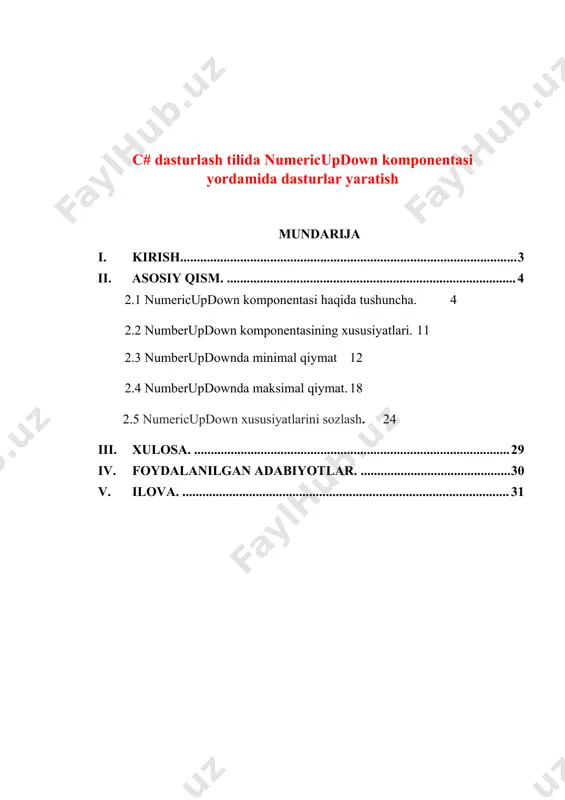 n komponentasini haqida ma’lumot olish, numberupdown komponentasi bilan c# va visual studioda ishlash, numberupdown komponentasiga xususiyatlari va ularning har bir xususiyatlari va numberupdown komponentasi bilan dastur tuzish. kurs ishining ob’yekti: c# dasturlash tilida numberupdown komponentasi bilan ishlash va uning xususiyatlari haqida o`quvchilarga ma`lumot berishdan iborat. kurs ishining predmeti: c# dasturlash tilida numberupdown komponentasidan foydalanish mazmuni. ii. asosiy qism. 2.1 numberupdown komponentasi haqida tushuncha. windows forms-da numericupdown boshqaruvi windowsning aylanish qutisini yoki raqamli qiymatlarni ko'rsatadigan yuqoriga qarab boshqarish uchun ishlatiladi. yoki boshqacha qilib aytganda, numericupdown nazorati yuqoriga va pastga o'q yordamida harakatlanadigan va oldindan belgilangan raqamli qiymatga ega bo'lgan interfeysni ta'minlaydi. numericupdown sinfi windows-ning yuqoriga qarab oynasini ko'rsatish uchun ishlatiladi, shuningdek, har xil turdagi xususiyatlar, usullar va hodisalarni beradi. bu system.windows.forms nom maydoni ostida aniqlanadi . c # da ikki xil usuldan foydalanib windows shaklida numericupdown yaratishingiz mumkin: 1. dizayn vaqti: bu quyidagi bosqichlarda ko'rsatilgandek numericupdown yaratishning eng oson yo'li: 1-qadam: …