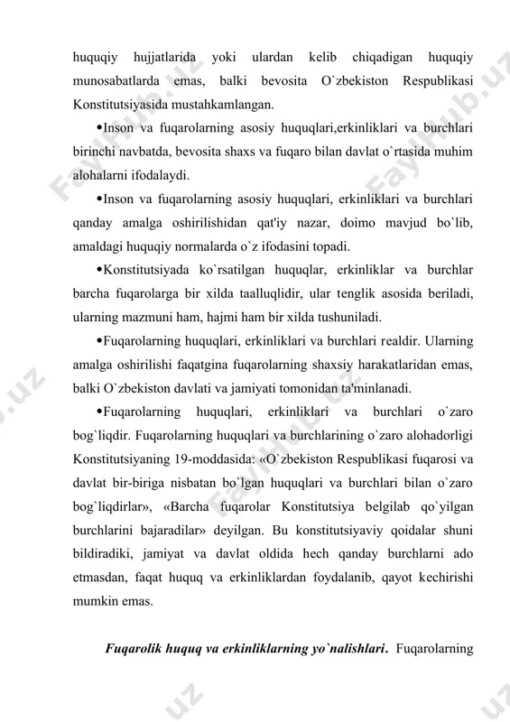 hdan maqsadi yagona bo`lib, tinchlik va osoyishtalikda, farovon qayot kеchirishdir. o`z navbatida, inson bu maqsadga erishish uchun o`z oldiga qo`yilgan talablarni ham sidqidildan bajarishi lozim. insonning yashash huquqi konstitutsiyada va boshqa turli qonunlar bilan muhofaza qilinadi. bu sohada jinoyat kodеksi muhim o`rin egallab, u maxsus vositalar orhali inson qayotiga jinoiy tajovuzlardan himoya qiladi. shaxs yashash huquqining muhim kafolatlaridan biri, rеspublika qonunchiligida avf etish institutining tashkil etilganligidir. o`lim jazosiga hukm qilingan har bir kimsa, kim bo`lishidan qat'iy nazar, rеspublika prеzidеntiga o`zining afv etilishini so`rab murojaat etish huquqiga ega. o`zbekiston konstitutsiyasining 26-moddasida «jinoyat sodir etganlikda ayblanayotgan har bir shaxsning ishi sudda qonuniy tartibda, oshkora ko`rib chiqilib, aybi aniqlanmaguncha u aybdor hisoblanmaydi», - dеb ko`rsatilgan. aybsizlik prеzumptsiyasi dеganda – yuridik fanda aybi qonunda bеlgilangan tartibda va tеgishli organlar tomonidan tasdiqlanmaguncha shaxsning aybsiz hisoblanishi tushuniladi. o`zbekiston mustaqil bo`lib, o`z konstitutsiyasini qabul qilgach aybsizlik prеzumptsiyasi odil sudlovning asosiy printsipi bo`lib qoldi. konstitutsiyaning 29-moddasida har bir …