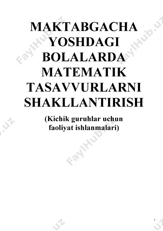 va kuruv yullari bilan tekshirish usullarini o’rgatish. 8. tevarak-atrofdagi predmetlardan uziga tanish bulgan geometrik shakllarni ko’ra bilishga o’rgatish. 9. doira, kvadrat, uchburchakni bir-biridan farqlashga va kiyoslashga o’rgatish. fazoviy tasavvur 1. o’ng va chap qo’lni farqlay olishni o’rgatish. 2. o’ng va chap qo’lni farqlashni o’rgatishni davom ettirish 3. predmet (o’yinchoq)larni o’ng qo’l bilan chapdan o’ngga kuyishni o’rgatish. 4. uz-uzidan xarakat yunalishini: oldinda (oldinga), orkasida (orkaga) tushunchalarni aniklashga o’rgatish. 5. uz-uzidan xarakat yunalishini, o’ngdan (o’ngga), chap tomondan (chapga) tushunchalarini farqlash. 6. yukorida (yukoriga), pastda (pastga) degan tushunchalarni aniklashga o’rgatish. 7. bolalarni kursatilgan yunalishda muljal olishga, berilgan shart bo’yicha uz xolati urnini belgilashga o’rgatish. 8. bolalarni uzlaridan yukoriga, pastga kabi xarakat yunalishlarini aniklashga mashq kildirish. 9. yil davomida urganilgan bilimlarni mustaxkamlash. geometrik shakllar 3 son va sanok m avzu: g uruhdan b ir predm etni ajratishni, aloxida predm etlardan guruh hosil qilishni o’rgatish maqsad: • aloxida predmetlardan guruh hosil qilishni, guruhdan bir predmetni …