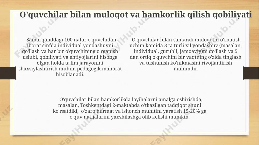 o'qitish samaradorligini 15% ga oshiradi. o'z ustida muntazam ishlash, masalan, har hafta 2 soat yangi pedagogik adabiyotlarni o'rganish, toshkentdagi o'qituvchilarning fikriga ko'ra, stress darajasini 10% ga kamaytiradi. pedagogik mahoratini oshirish uchun 3 ta turli trening dasturlarini o'zlashtirgan o'qituvchilar andijondagi maktablarda o'quvchilarning bilim darajasini 7% ga yaxshilaydi. e'tiboringiz uchun rahmat @taqdimot_robot image3.png image4.png