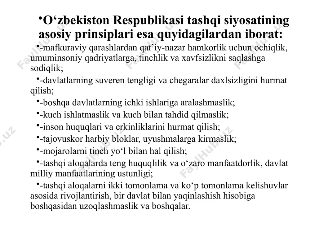 si milliy komissiyasi tashkil etildi. 1995-yil iyul oyida yunesko qaroriga binoan samarqandda markaziy osiyo tadqiqotlari xalqaro instituti tashkil etildi. yunesko bosh direktori federiko mayorning o‘zbekistondagi rasmiy tashrifi chog‘ida 1995-yil iyul oyida mazkur institut ochildi. mustaqil davlatlar hamdo’stligi tashkiloti mdhning ichki tuzilmaviy organlari: davlat boshliqlari kengashi; hukumat boshliqlari kengashi; tashqi ishlar vazirlari kengashi; davlatlaro iqtisodiy qo’mita; parlamentlaro assambleya; muvofiqlashtiruvchi maslahat qo’mitasi shtab-kvartirasi belorussiya minsk shahri va rossiy fr moskva a'zolari 11 a'zo davlatlar: (ozarbayjon, armaniston, belorussiya, moldaviya, qozog`iston, qirg`iziston, rossiya, tojikiston, turkmaniston, o`zbekiston, ukraina) 2 kuzatuvchi davlatlar: (mo’g’uliston, afg’oniston) rasmiy tillari rus ijro etuvchi kotib sergey lebedev tashkil etilgan sanasi 1991 yil 8 dekabr a’zo davlatlarning aholisi 283 mln. kishini tashkil etadi. umumiy ma’lumotlar: 1991-yil dekabrda o’zbekiston mdhga a’zo bo’ldi. o’zbekiston o’z milliy manfaatlaridan kelib chiqqan holda mdhda ishtirok etmoqda. u mdhga davlatlar ustidan tuzilgan tashkilot emas, balki mustaqil davlatlarning harakatini muvofiqlashtiruchi organ sifatida qaraydi. mdh hududida davlatlarning teng huquqliligi asosida …