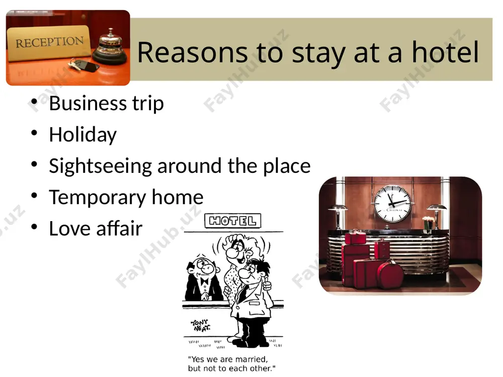 ive at the hotel. you check out when you leave. at the end of your stay or after a meal, you get a bill – piece of paper which shows you how much you have to pay. after you buy something, you get a receipt – a piece of paper which shows what you bought and how much you paid. a double room is a room for two people, with either two beds or one large bed suitable for two people. a twin-bedded room has two separate beds. full board means that the hotel provides all your meals as well as your room. half board includes breakfast and either lunch or supper. a key x a key card a lift x an elevator check in x check out a bill x a receipt a double room x a twin-bedded room full board x half board image1.jpg image2.jpeg image3.jpg image4.jpeg image5.jpg …