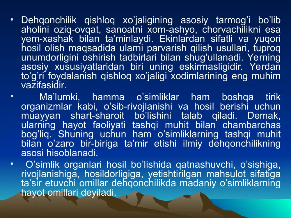 omillar asosida yuritiladi yuqori agro texnika agro- kimyo аgro- meliora- tiv tadbir- lar mexani- zatsiya- lash- tirish аvtoma- tik boshqa- rish kasallik va zarar- kunanda- larga qarshi kimyoviy va biologik kurash yuqori xosil- dorlik va sifat- ni taʼmin- lash hozirgi zamon dehqonchilik tizimining maqsadi hozirgi zamon dehqonchilik tizimi yerlardan samarali foydalanish va tuproqning unumdorligini oshirishni, konkret va iqtisodiy sharoitda eng kam mehnat va xarajat sarflangan holda har gektar yerdan eng koʼp va yuqori hosil yetishtirishni taʼminlashi kerak. dehqonchilikning ilmiy asoslangan tizimi qishloq xoʼjaligini tabiiy ofatlardan saqlashda, tuproq unumdorligini oshirishda, ilgʼor agrotexnika tadbirlarini oʼzlashtirishda, yerlarni sugʼorishda, ximikatlardan foydalannshda, ratsional almashlab ekishda, yaxshi nav ekinlarini ekishda mexanizatsiyadan keng kulamda foydalanishga yordamlashishi zarur. sugʼoriladigan dehqonchilikning qisqacha tarixi. insoniyat sug’orib dehqonchilik qilish bilan juda qadimdan shug’ullanib kelgan. suvning ulkan hayotiy kuch ekanligini tushungan inson qadim zamonlardan beri undan toʼgʼri foydalanish uchun kurashib kelgan. bundan ming yillar ilgariyoq misr, xitoy, hindiston, rim, mesopotamiya, suriya, o’rta …