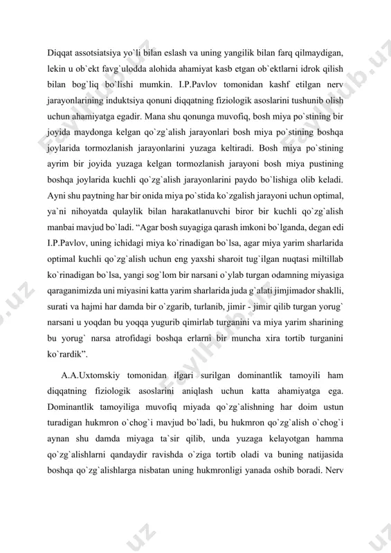 li bo`lgan tashqi ifodalari bilan bog`liq bo`ladi. narsani yaxshilab idrok qilishga qaratilgan harakatlar bilan (tiqilib qarash bilan eshitish) ortiqcha harakatlarni to`xtatish, nafas olishni sekinlashtirish, diqqat uchun xos bo`lgan yuz harakatlari bilan bog`liq bo`ladi. 3. diqqat turlari kishi faoliyatida diqqat bir necha turlarga bo`linadi: 1. ixtiyorsiz diqqat; 2. ixtiyoriy diqqat; 3. muvofiqlashtirilgan ixtiyoriy diqqatlarga bo`linadi. biz diqqatni qaratishni maqsad qilib qo`ymagan paytimizda psixik faoliyatning yo`naltirishi va to`planishi ixtiyorsiz xarakterga ega bo`lishi mumkin. bunday hollarda faoliyatning maroqliligi, qiziqarli yoki kutilmaganda favqulotdaligi bilan odamni o`z - o`ziga jalb eta oladi. odam o`ziga ta`sir qilayotgan narsalarga, hodisalarga, bajarayotgan faoliyatiga beixtiyor berilib ketadi. masalan: biror ishni bajarayotgan odam radioda yoqimli kuy yoki ashulani eshitib qolsa yoki e`lonni eshitsa u beixtiyoriy qilayotgan ishini tashlab radioga quloq soladi. biroq biz ko`zlagan maqsad va qabul qilingan qaror tufayli ma`lum bir ishni bajarish lozimligini bilar ekanmiz, bunday holda diqqatning yo`nalishi va to`planishi ixtiyoriy tabiatga ega bo`lishi mumkin. biz bunday …