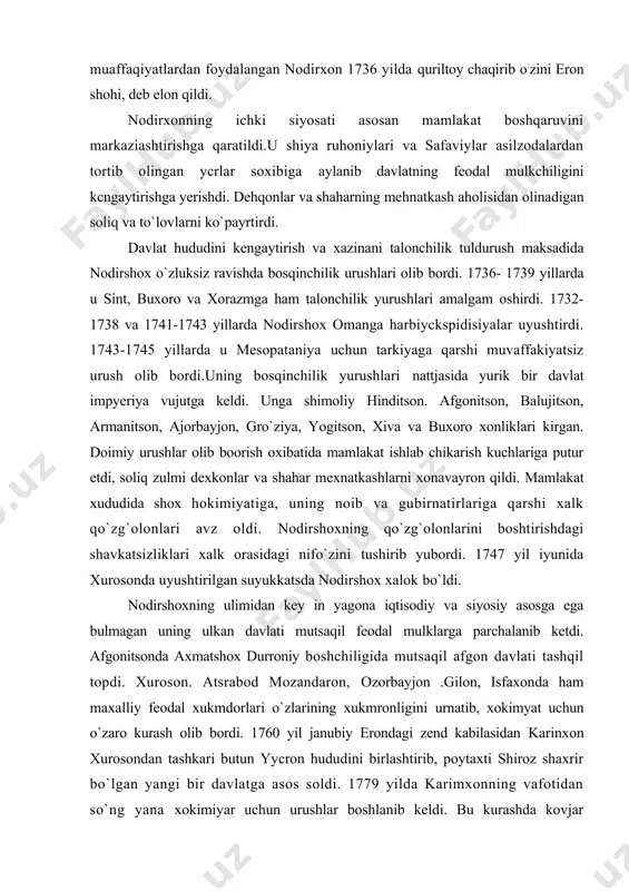 tsonda axmatshox durroniy boshchiligida mutsaqil afgon davlati tashqil topdi. xuroson. atsrabod mozandaron, ozorbayjon .gilon, isfaxonda ham maxalliy feodal xukmdorlari o`zlarining xukmronligini urnatib, xokimyat uchun o`zaro kurash olib bordi. 1760 yil janubiy erondagi zend kabilasidan karinxon xurosondan tashkari butun yycron hududini birlashtirib, poytaxti shiroz shaxrir bo`lgan yangi bir davlatga asos soldi. 1779 yilda karimxonning vafotidan so`ng yana xokimiyar uchun urushlar boshlanib keldi. bu kurashda kovjar kabilasidan bo`lgan og`a muhammad golib chikib 1769 yilda o`zini eron shohi deb elon qildi. eronda markaz texron bo`lgan yangi sulola kojarlarning hukumronligi urnatildi. xviii as ruing oxiri -xix asrning o`rtalarida eronning xalqaro ahvoli o`zining iqtisodiy, siyosiy va madaniy qolokligiga karamasdan xviii asr oxirigacha eron mutsaqil davtat sifatida mavjud edi. bungacha yevropa davlatlari eronga nisbatan savdo imtiyozlari tugrisidagi talablari bilan cheklangan xolos. xviii asr oxirlaridan yakin va o`rta sharkda bosqinchilik harakatlari uchun eronni plasdarmga aylantirish maksadida angliya va fransiya uning ichki ishlariga aralashib boshladilar. 1796 yilda texronga …