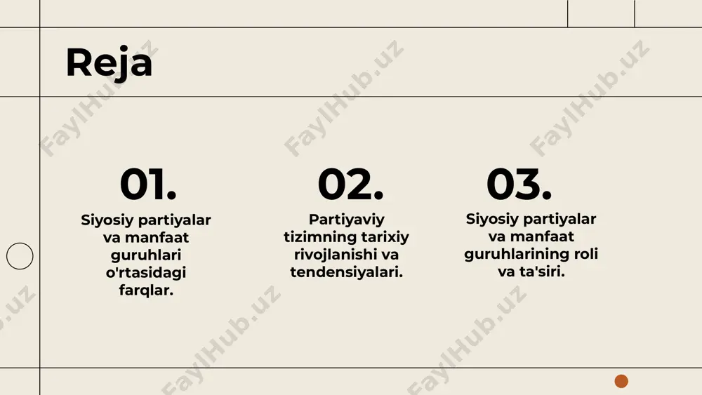 rivojlantirishga qaratilgan. misol: o‘zlidep. 2. konservativ partiyalar: an'anaviy qadriyatlarni saqlashni maqsad qiladi. misol: milliy tiklanish partiyasi. 3. sosialistik partiyalar: ijtimoiy tenglik va adolatni ta'minlashga harakat qiladi. misol: xalq demokratik partiyasi. siyosiy partiyalar: 1. vakillik: fuqarolarni siyosiy jarayonlarga jalb qiladi. 2. siyosiy qarorlar qabul qilish: hukumatning siyosatini shakllantiradi. 3. saylov jarayoni: saylovlarda ishtirok etib, o'z dasturlarini ilgari suradi. manfaat guruhlari: turlari va funksiyalari manfaat guruhlari ijtimoiy va siyosiy jarayonlarga ta'sir ko'rsatish uchun tashkil etilgan guruhlar hisoblanadi. ularning bir necha turlari mavjud: 1. **ijtimoiy manfaat guruhlari**: bu guruhlar ma'lum bir ijtimoiy qatlam yoki jamoaning manfaatlarini himoya qiladi. masalan, nogironlar yoki qariyalar tashkilotlari. 2. **siyosiy manfaat guruhlari**: bu guruhlar siyosiy partiyalar bilan hamkorlik qilib, o'z maqsadlariga erishishga harakat qiladi. misol sifatida, ekologik tashkilotlar yoki ish beruvchilar uyushmasi keltirilishi mumkin. 3. **iqtisodiy manfaat guruhlari**: ular iqtisodiy manfaatlarni himoya qilish maqsadida birlashadilar. masalan, savdo uyushmalari yoki qishloq xo'jaligi ishlab chiqaruvchilarining tashkilotlari. 4. **professional manfaat guruhlari**: …