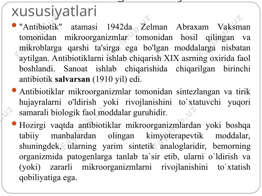 fungin va boshqalar; • boshqa avlod bakteriyalari (micrococcus, streptococcus, escherichia, proteus): nisin, koliformin va boshqalar. 2. streptomyces turkumidagi bakteriyalar: streptomitsin, tetratsiklin, novobiotsin va boshqalar tomonidan hosil qilingan. 3. nomukammal qo'ziqorinlar tomonidan hosil qilingan: penitsillin, griseofulvin va boshqalar. 4. bazidio- va ascomitsetlarning zamburug`lari sinfi tomonidan hosil qilingan: termofilin, lenzitin, xetomin va boshqalar. 5. lishayniklar, suv o'tlari, tuban o'simliklar tomonidan hosil qilingan: usnin kislotasi va boshqalar. 6. yuksak o'simliklar tomonidan hosil qilingan: allikin, rafanin va boshqalar. 7. hayvon organizmlarida hosil bo'ladi: lizozim, interferon, krucin va boshqalar. antibiotiklarni produtsenlari sifatida mikroorganizmlar, mog`or zamburug`lari, aktinomitsetlar, yuksak o'simlik va hayvon to'qimalari ishlatiladi. bir xil turdagi mikroorganizmlar har xil tabiatdagi antibiotiklarni sintez qilishi mumkin va aksincha, bir xil antibiotikni turli taksonomik guruhlardagi mikroorganizmlar ishlab chiqarishi mumkin. eubakteriyalar orasida eng ko'p ishlab chiqaruvchilar bacillus va pseudomonas (taxminan 400-600) avlodlarining vakillari bo'lib, bakterial kelib chiqish antibiotiklarining ko'p qismi polipeptidlardir. antibiotik produtsentlari antibiotiklarni olish usullari: 1. kimyoviy sintez. ushbu …