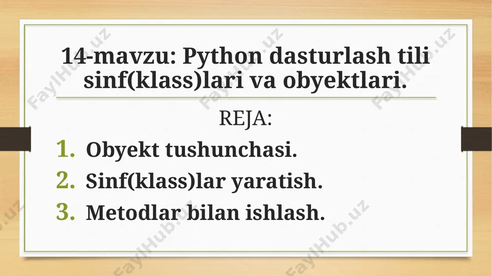 mida uning turini kuramiz: x = 10 print(type(x)) natija: matn = "salom" print(type(matn)) natija: metodlar har bir obyekt uning ustida bajarish mumkin bo'lgan funksiyalar bilan keladi. bu funksiyalar obyekt ichida yashirin bo'ladi, va biz ularga nuqta va funksiya nomi orqali murojat qilishimiz mumkin. bunday funksiyalar shu klass (yoki obyektga) tegishli metodlar deyiladi. matn = "salom" print(matn.upper()) natija: salom son = [1,2,3,4,5] print(son.append(6)) natija: son=[1,2,3,4,5,6] sinf(class) yaratish python-da sinf yaratish uchun class kalit so'zidan foydalanamiz. masalan, class sinfnomi: # sinf tarkibi class viloseped: nomi = “ " harakat = 0 pythonda obyektlar ob'ekt sinfning namunasi deb ataladi. aytaylik, velosiped-bu sinf nomi, sinfdan veloseped11, veloseped2 kabi boshqa ob'ektlarni yaratishimiz mumkin. ob'ekt yaratish uchun sintaksis. class veloseped1: name = “ " gear = 0 veloseped1 = veloseped1() pythonda xususiyatlar natija: misol-1. shaxs nomli sinf yarating, ism va yosh uchun qiymatlarni belgilash uchun __int__() funksiyasidan foydalaning misol-2. mobil telefon obyektini klass yordamida dastur tuzing. …