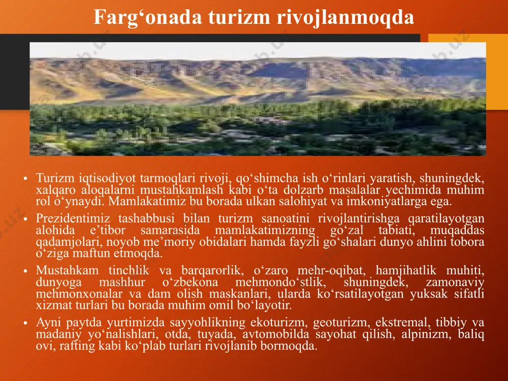 oxirgi xoni xudoyorxon saroyi, modarixon maqbarasi shular jumlasidandir. 2700 yil yoshga kirgan marg’ilon (2007y) x asrda o’zining ipak matolari bilan mashhur bo’lgan. marg’ilonning monumental yodgorliklaridan bezatilgan, masjid, minora, maqbara va kaptarxonadan iborat bo’lgan kaptarlik kompozasiyasi (xviii) hamda shouda masjidini keltirish mumkin. turistik rayonda milliy hunarmandchilik taraqqiy etgan. shu o’rinda marg’ilon ipaklari, shoyilari va do’ppilari, chust pichoqchiligi, charmdo’zligi, rishton kulolchilik mahsilotlari hamda andijon, asaka, pop, qo’qon, shahrixon kabi shaharlari ham ma’lum hunarmandchilik turlari bilan turistlarini jlb qilish imkoniyatiga ega. yozyovon cho’llari noyob cho’l landshafti bo’lsa, axsi, eski pop, tuproqqal’a ekoturistik obidalar va rayon etnografiyasi, san’ati, madaniyati, urf-odatlari (tuylari, milliy uyinlar) hamda choyxonalari turistik qiziqishni orttiruvchi resurslardir. turistik rayon tabiiy – rekreasiya resurslariga ham boydir. hozirgi kunda mazkur turistik rayonda 55 ga yaqin noyob tabiiy turistik obyektlar hisobga olingan. dam olish va davolanish maskanlariga chortoq, chimyon, shohimardon, vodil kabilarni misol keltirish mumkin. namangan viloyatidagi chortoq, gulshan dam olish va davolvnish sihatgohlari, baliqko’l, …