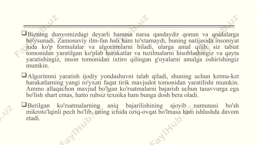 lardan iborat qilib bo‘laklash imkoniyati mavjudligida. ya’ni uni chekli sondagi oddiy ko‘rsatmalar ketma-ketligi shaklida ifodalash mumkin. agar kuzatilayotgan jarayonni chekli qadamlardan iborat qilib qo‘llay olmasak, uni algoritm deb bo‘lmaydi. ommaviylik -dеganda har bir algoritm mazmuniga ko’ra bir turdagi masalalarning barchasi uchun ham o’rinli bo’lishi, ya'ni umumiy bo’lishi tushuniladi. masalan, ikki oddiy kasrning umumiy mahrajini topish algoritmi, kasrlarni turlicha o‘zgartirib bersangiz ham ularning umumiy mahrajlarini aniqlab beraveradi. natijaviylik -har bir algoritm chekli sondagi qadamlardan so‘ng albatta natija berishi shart. bajariladigan amallar ko‘p bo‘lsa ham baribir natijaga olib kelishi kerak. chekli qadamdan so‘ng qo‘yilgan masala yechimga ega emasligini aniqlash ham natija hisoblanadi. agar ko‘rilayotgan jarayon cheksiz davom etib natija bermasa, uni algoritm deb atay olmaymiz. algoritm xossalari aniqlik. ijrochiga berilayotgan ko‘rsatmalar aniq mazmunda bo‘lishi zarur. chunki ko‘rsatmadagi noaniqliklar mo‘ljaldagi maqsadga erishishga olib kelmaydi. odam uchun tushinarli bo‘lgan "3-4 marta silkitilsin", "5-10 daqiqa qizdirilsin", "1-2 qoshiq solinsin", "tenglamalardan biri yechilsin" kabi noaniq ko‘rsatmalar …