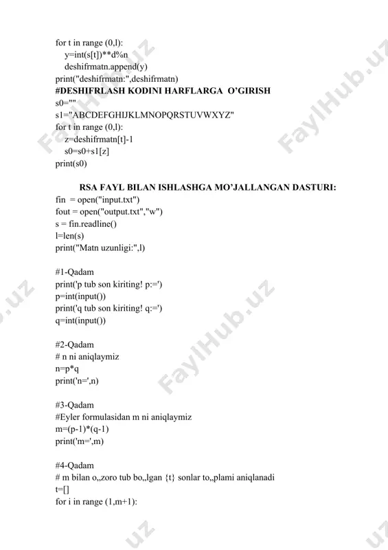 rmatn2) fout.write("\n") fout.write(str(ss)) fin.close() fout.close() i=input("deshifrlash muofoqiyatli bajarildi!!!") keys topshiriq: microsoft visual studio muhitining windowsformsapplication c# dasturlash tilida rsa algoritmi loyihasini bajarish tartibi. microsoft visual studio muhitida loyiha yaratish uchun: 1. microsoft visual studio ilovasini https://visualstudio.microsoft.com rasmiy saytida yuklaymiz va komputerrimizga o’rnatamiz. 2. microsoft visual studio ilovasini ishga tushiramiz. 2.1- rasm. microsoft visual studio ilovasi bosh oynasi. 3. unda new project->visual c#-> windowsformsapplication ni tanlaymiz. 2.2-rasm. windowsformsapplicationni tanlash. 4. windowsformsapplicationning oynasi obyektlar joylashtirish. 2.3-rasm. windowsformsapplicationning asosiy oynasi. c# dasturlash tilida rsa algoritmi loyihasining kodi: using system; using system.collections.generic; using system.componentmodel; using system.data; using system.drawing; using system.linq; using system.text; using system.threading.tasks; using system.windows.forms; namespace windowsformsapplication6 { public partial class form1 : form { int m; public form1() { initializecomponent(); } private void label5_click(object sender, eventargs e) 74 } private void button1_click(object sender, eventargs e) { int p = int.parse(textbox1.text); int q = int.parse(textbox2.text); int n = p * q; m = …