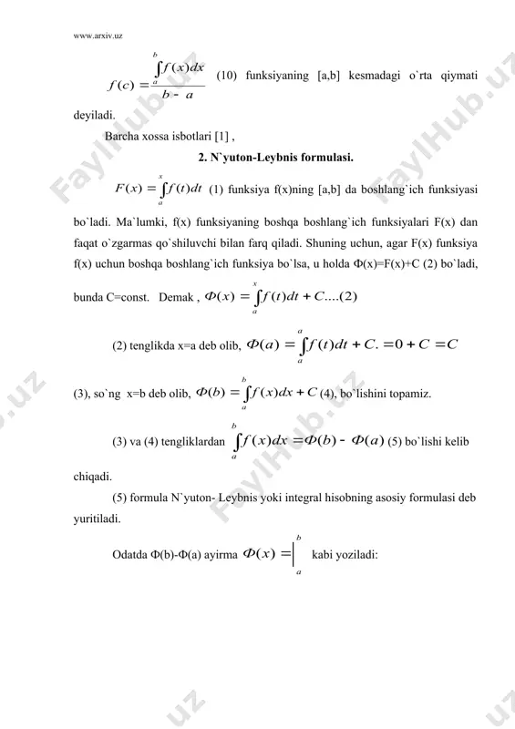 rganda ning qiymatlari [a,b] ni tashkil etsin. __agar funksiya da uzluksiz hosilaga ega bo`lib, 1 ga teng bo`lsa u holda (7) tenglik o`rinli bo`ladi. 7-misol. integralni hisoblang. yechish. bu integralda almashtirishni bajaramiz. u holda ,2xdx=dt bo`lib, x =1 da t =3; x=2 da t =6 bo`ladi. demak, 8-misol. 9-misol. 10-misol. 4. aniq integralda bo`laklab integrallash ikkita u=u(x) va funksiya o`zlarining birinchi hosilalari bilan [a,b] segmentda uzluksiz bo`lsin. ularning ko`paytmasini differensiallaymiz: (8) (8) ayniyatni a dan b gacha oraliqda integrallab, quyidagini hosil qilamiz: (9) lekin, hamda n`yuton- leybenis formulasiga ko`ra ; demak , (9) tenglik quyidagi ko`rinishda yozilishi mumkin: (10). bu formula aniq integralda bo`laklab integrallash formulasi deyiladi. bunda integrallash chegaralari x erkli o`zgaruvchiga tegishli ekanligini nazarda tutish kerak. 11-misol. integralni hisoblang, yechish. quyidagicha belgilashlarni olamiz: u=x,v=-cosx, dv=sinx du=dx (10) formulaga ko`ra: 12.misol. integralni hisoblang. yechish. quyidagicha almashtirishlarni olamiz: 13.misol. 14.misol. _1405778662.unknown _1405778663.unknown ] , [ ] , [ b a …