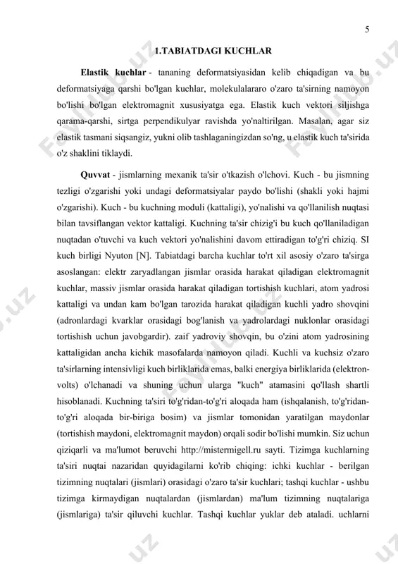 i tavsiflovchi va uning kinematik holatini o'zgartiruvchi kuchlar. faol kuchlar, aloqa turiga qarab, bo'linadi volumetrik - tananing har bir zarrasiga ta'sir qiluvchi kuchlar, masalan, tana og'irligi; sirt - tananing bir qismiga ta'sir qiluvchi va jismlarning bevosita aloqasini tavsiflovchi kuchlar. yuzaki kuchlar: konsentratsiyalangan - tanaga nisbatan kichik bo'lgan joylarda harakat qilish, masalan, g'ildirakning yo'lda bosimi; taqsimlangan - tanaga nisbatan kichik bo'lmagan joylarda harakat qilish, masalan, traktor tırtılının yo'lda bosimi. eng mashhur kuchlar: ishqalanish kuchlari - qattiq jismlarning nisbiy harakatidan kelib chiqadigan va bu harakatga qarshi turadigan kuch, molekulalararo o'zaro ta'sirning makroskopik namoyishi bo'lib, elektromagnit xarakterga ega. ishqalanish kuchlari vektori tezlik vektoriga qarama-qarshi yo'naltirilgan. masalan, ishqalanish kuchi chana qor ostida, oyoq taglari va yer o'rtasida siljiganida paydo bo'ladi. o'rta qarshilik kuchlari - qattiq yoki suyuq gazli muhitda harakatlanishidan kelib chiqadigan kuchlar, molekulalararo o'zaro ta'sirning namoyon bo'lishi bo'lgan elektromagnit xarakterga ega. qarshilik kuchi vektori tezlik vektoriga qarama-qarshi yo'naltirilgan. masalan, samolyot havoda harakat qilganda. …
