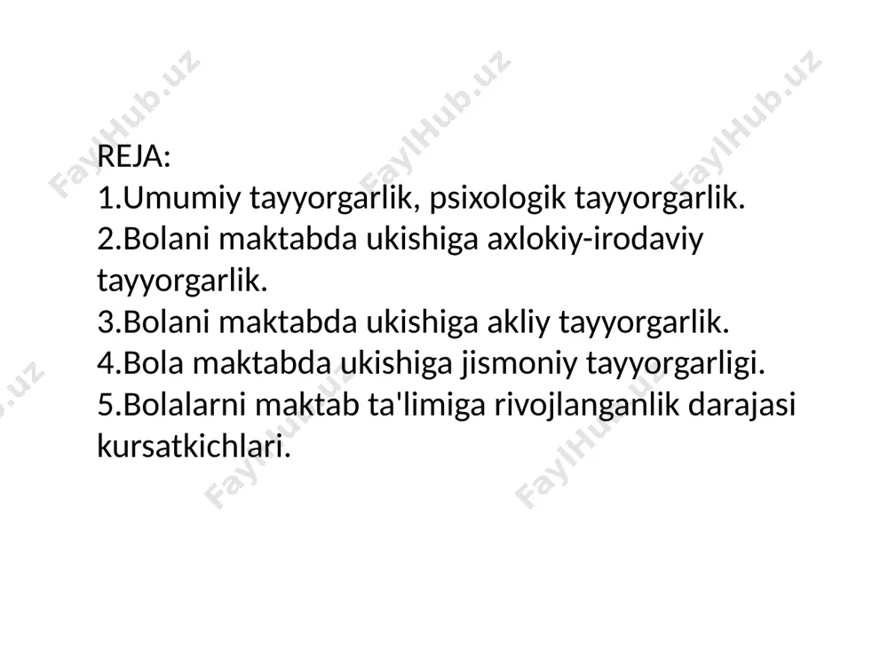 salarga, shaxsiy madaniyatni shakllanganligini nazarda tutadi. akliy tayyorgarlik bola obrazli va mantikiy fikrlashi, tasavvurning, odamiylikning, bilimga kizikishning, mustakilligining, uzini-uzi nazorat kilishga, xamda ukuv faoliyatini kuzatish, eshitish, eslab kolish, solishtirish kabi asosiy turlarini bilishni uz ichiga oladi. bolaning maktabda ta'lim olishi samarasi uning ona tilini bilishiga va nutkni kanchalik rivojlanganligiga kuprok boglik buladi. chunki butun ukuv faoliyati shularga, ya'ni nutkiy mantikiy rivoji, bolaning kattalarning yordamisiz mustakil fikrlashi, til rivojlanganligi yutuklarida erkin foydalana olishi, xikoya kilish, muloxaza yuritish, uz tasavvurini izoxlay olish, tushunarli kilib bayon etish kabi omillar asosiga kuriladi. shuningdеk, bolaning maktabda ta'lim olishi uchun amaliy intеllеkt rivoji ya'ni, uning namunani chizish, aytib turiladigan bayoniy topshirikni bajarishi xam muxim sanaladi. va nixoyat, maxsus tayyorgarlik bolani savodxonlikka urgatish va uning maktabning 1 sinf ukuv dastur matеrialini еtarli darajada egallash xakidagi tushunchasini shakllantirishni nazarda tutadi. bolalarni maktabda uktishning samaradorligini kup jixatdan ularning tayyorgarlik darajalariga boglik buladi. maktabda ukishga tayyorgarlik – mtmsi va oilada …