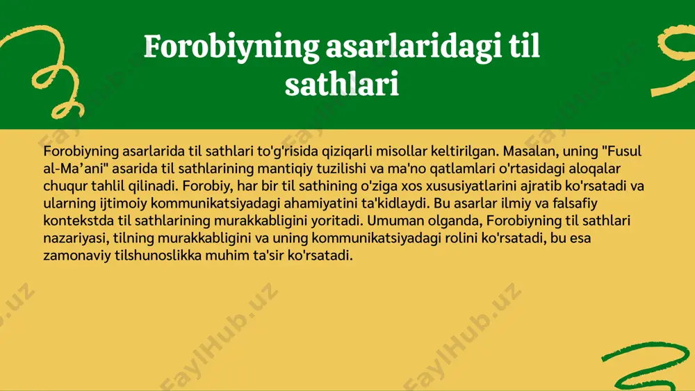 sinoning asarlarida til sathlarining zamonaviy tahlili. ibn sinoning asarlari zamonaviy tilda ham dolzarbligini yo'qotmaydi. ularning ta'siri zamonaviy tilshunoslikda va pedagogikada muhim ahamiyatga ega. xulosa ushbu taqdimotda forobiy, beruniy va ibn sinoning asarlarida til sathlari haqidagi nazariyalar muhokama qilindi. har bir olimning til sathlariga oid fikrlari, o'ziga xos xususiyatlari, va ularning fonetik, morfologik, sintaktik va semantik jihatlari ko'rib chiqildi. o'zaro taqqoslashlar asosida, bu nazariyalar zamonaviy lingvistika bilan bog'langanligi ko'rsatildi. asarlarning ilmiy va amaliy ahamiyati ta'kidlandi, bu esa til sathlarining o'zaro bog'liqligi va ularni o'rganishning ahamiyatini yana bir bor tasdiqlaydi. e'tiboringiz uchun rahmat! designed by slides carnival image1.png image2.png image3.png image4.png image5.png image6.png image7.png image8.png image9.png image10.png image11.png image12.png image13.png image14.png image15.png image16.png image17.png image18.png image19.png image27.jpg image23.png image25.png image26.png image24.png