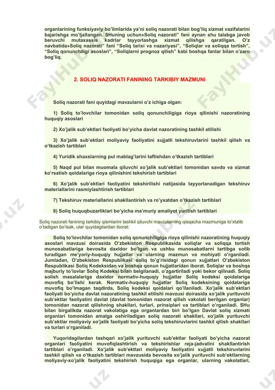 qilingan davlat dasturlarini amalga oshirish, faol investitsiya siyosatini davom ettirish nazarda tutilgan. jumladan, kichik biznes va xususiy tadbirkorlik subektlarini jadal rivojlantirishni rag’batlantirish doirasida mikrofirmalar va kichik korxonalar uchun yagona soliq to’lovining bazaviy stavkasi 7 foizdan 6 foizga pasaytirildi. soliq siyosatida nazarda tutilgan jismoniy shaxslar daromadiga soliqning birinchi shkalasi (5 ta minimal ish haqi miqdorigacha daromad) bo’yicha stavkani 11 foizdan 10 foizgacha pasaytirildi va ikkinchi shkalasi (5 dan 10 ta minimal ish haqi miqdorigacha daromad) bo’yicha 17 foizdan 16 foizga pasaytirildi. aholi daromadiga soliq yukini yanada kamaytirishni ta’minlaydi. jismoniy shaxslar daromadiga soliq stavkalarini kamaytirish bo’yicha taklif etilayotgan mazkur choralar natijasida amalda ishlovchi aholining barcha guruhlari manfaat ko’radi . bu fan davlat soliq xizmati organlari tomonidan soliq to’lovchilarning moliyaviy xo’jalik faoliyatini soliq qonunchiligiga rioya etish nuqtai nazardan nazorat qilishning huquqiy, uslubiy va tashkiliy asoslarini o’rganadi. ma’lumki soliq to’lovchilar davlat byudjetiga to’laydigan soliqlarini mustaqil ravishda xisoblab belgilangan muddatda va miqdorda amalga oshirishlari lozim. …