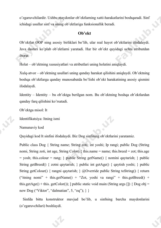 takrorlanmas identifikator bilan ta’minlanadi. keling biror obyektni muhokama qilamiz. masalan, ruchka. uning rangi qizil, bu uning holati. u yozish uchun mo’ljallangan, bu uning xususiyati. sinf yoki class – bir xil xususiyatlarga ega obyektlar to’plami. class obyekt yaratishga mo’ljallangan shablon. class fizik jihatdan mavjud emas, shuning uchun u xotiradan joy egallamaydi. class yaratish uchun sintaksis quyidagicha: class { maydon; metod; } namuna o’zgaruvchi sinf ichida lekin metod tashqarisida yaratilgan o’zgaruvchi hisoblanadi. kompilyatsiya vaqtida namuna o’zgaruvchi xotiradan joy olmaydi. qachonki sinfdan obyekt yaratilsagina xotiradan joy oladi, shuning uchun u namuna (yoki obyekt) o’zgaruvchi deb nomlanadi. metod funksiyaga o’xshash va sinfning xususiyatlarini ifodalaydi. metod koddan qayta-qayta foydalanish va uni optimizatsiya qilish uchun ishlatiladi. new kalit so’zi classdan obyekt yaratish va u uchun heap xotiradan joy band qilish uchun ishlatiladi. keling, endi talaba nomli sinf yaratamiz. unda id va ism nomli maydonlar bo’lsin. va undan bitta obyekt yaratamiz. class talaba { int id; string …