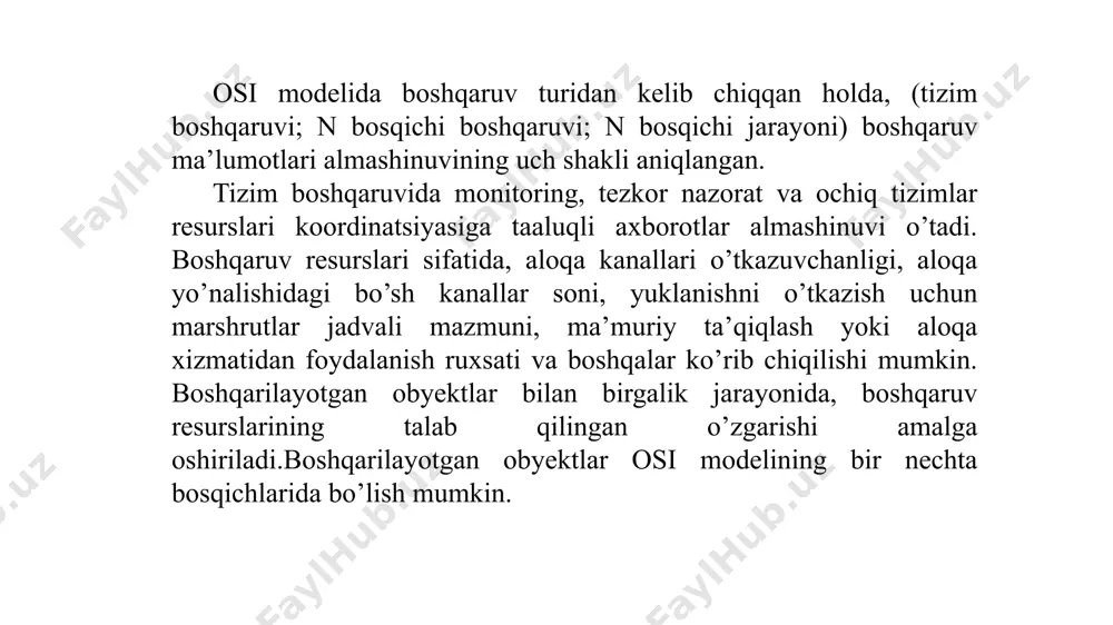 i boshqarish. ngn boshqaruv satxining amalga oshirish xususiyatlari va masalalari. ngn tarmog’i boshqarish tizimining tashkil etilishi. softswitch arxitekturasi ta’rifi. boshqaruv protokollari. ip-telefoniya tarmoqlari uchun boshqarishni amalga oshirish. sip asosida boshqaruv tizimi tuzilishi va asosiy bajariladigan azifalari. multimedia xizmatlari sifatini boshqarish. sifatni boshqarish tamoyillari. xizmat sifati va uni ta’minlash. sla ta’rifi va tamoyillari. tarmoqda xizmatni qo’llanish sifati (qoe), xizmat ko’rsatish sifati (qos), tarmoqning ishlash sifati (np). boshqaruv tizimlarning zamonaviy avlodi va istiqbolli kontseptsiyalar. oss/bss sinfiga oid boshqaruv tizimlar. ngoss kontseptsiyasi, tuzilishi, xususiyatlari. multimedia tarmoqlari va xizmatlari boshqaruvida e-tom tamoyilini qo’llash. murakkab tarmoqlarda taqsimlangan boshqaruv tizimlari. taqsimlangan tizimlar va tarmoqdarda boshqaruv modeli va vositalari. boshqaruvning funktsional sohalari. taqsimlangan boshqaruv kontseptsiyalari (rmi, corba). hozirgi zamon fan-texnika taraqqiyoti axborot oqimining juda ham kengayishiga olib keldi. axborot oqimining tobora kengayib borganidan shu narsa ham dalolat bera oladiki, o’tgan asrning 70-yillar o’rtalariga keliboq ishlab chiqarish kuchlari taraqqiyoti shunday darajaga etgan ediki, ulardan oqilona foydalanish, ijtimoiy ishlab …