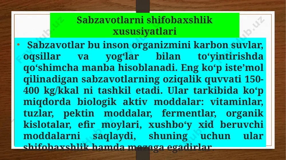 a 2,4%), aholining ikki barobar ortishi 50 emas balki 30 yilga to’g’ri kelmoqda. qishloq xo’jaligi esa murakkab tuproq va iqlim sharoitida faoliyat ko’rsatadi, uning qishloq xo’jalik ekinlari uchun bioiqlim potentsiali esa dunyodagi asosiy sabzavotkor mamlakatlardan 2-3 barobar pastdir. o’zbekistonning hududi 444,3 kv.m yoki 44,4 mln ga bo’lib, qishloq xo’jaligi iqtisodiyotning asosiy tarmog’i hisoblanadi. bugungi kunda yalpi ichki mahsulotning uchdan bir qismi qishloq xo’jaligi ulushiga to’g’ri kelmoqda. ko’pchilik sabzavotlar urug’dan va ko’chatidan ko’paytiriladi. shu bilan birga sabzavotchilikda: tuganak, qalamcha, piyozbosh va ildizpoya, ildizmevalarini bo’lish yo’li bilan vegetativ ko’paytirish usuli ham qo’llaniladi. ko’paytirishning bu usulini qo’llashning sababi shun­daki, ba’zi sabzavot ekinlari (xren, sarimsoq) deyarli urug’ bermaydi yoki urug’dan ekilganda juda kam hosil berib, irsiy belgi-xususiyat­larini parchalanish tufayli yo’qotadi. bir yillik va ikki yillik sabzavot ekinlari monokarpik bo’ladi. ya’ni butun hayotida bir marta gullab meva-urug’ beradigan ekinlarga monokarpik ekinlar deyiladi. ko’p yillik sabzavot ekinlari esa polikarpik bo’ladi. chunki, ular gullagach, har yili meva-urug’ …