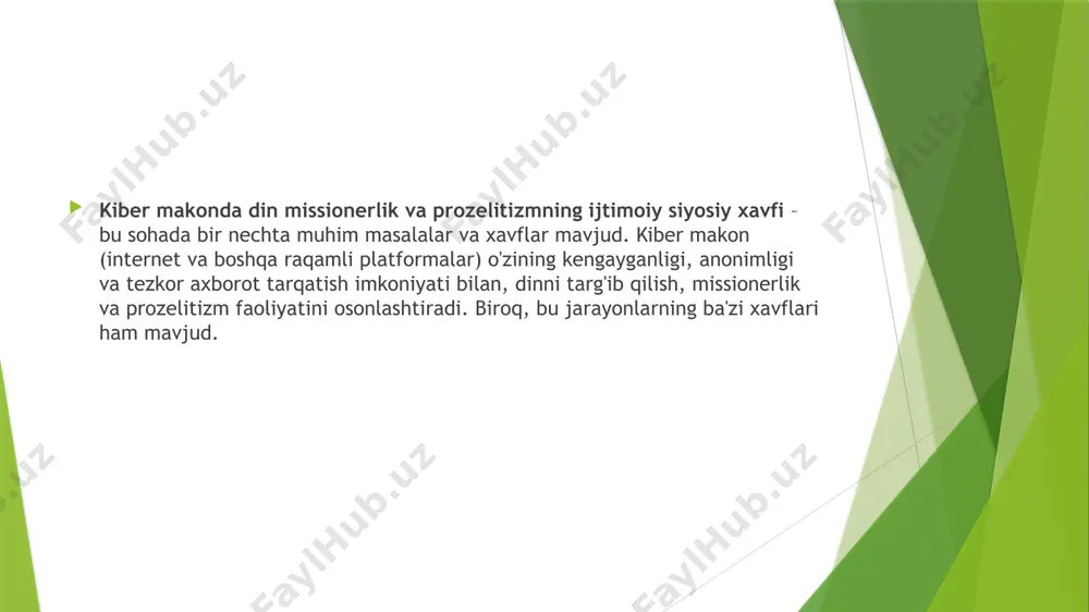 ga urinish) ba'zi hollarda huquqiy masalalarga olib kelishi mumkin. aksariyat mamlakatlar internetda diniy faoliyatni qanday nazorat qilishni aniqlashda qiyinchiliklarga duch kelmoqda. kiber tahdidlar va ma'lumot xavfsizligi: kiber makonda diniy yoki siyosiy guruhlar o'z g'oyalarini tarqatish uchun ma'lumotlar bazalarini yoki tarmoq tizimlarini nishonga olishlari mumkin. bu esa davlatlarning axborot xavfsizligi tizimlarini zaiflashtirishi va kiber tahdidlarni yaratishi mumkin. diniy yoki siyosiy guruhlar tomonidan amalga oshirilgan kiber hujumlar, jamiyatdagi tinchlik va barqarorlikka xavf solishi mumkin.umuman olganda, kiber makonda din missionerlik va prozelitizmning ijtimoiy siyosiy xavfi ko'p qirrali bo'lib, ularning jamiyatda xavfli ta'sirlar yaratishi mumkin. shu sababli, diniy va siyosiy axborotning internetda tarqatilishiga qat'iy nazorat va tartib-taomillar zarur bo'lishi mumkin. image1.png