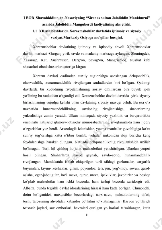 natijasida qiyin ahvolga tushib qolgan aholini soliqlardan ozod etgan. xorazmshohlar davrida dehqonlarning turmush tarzi ancha yuqori bo‘lgan. xukmdorlar va iqto egalari ham dehqonchilikdan yuqori hosil olish uchun dehqonchilikka ko‘p mablag‘ sarflab, qishloqning iqtisodiyotiin qo‘tarishga harakat qilganlar. takashning munshiysi -shaxsiy kotibi muxammad bag‘dodiy at-tasviri ila-t-tarassul (muxim nomalar bitish yo‘l-yo‘riqlari) asarida o‘sha davrdagi axvolni yozib qoldirgan. bu davrdagi voqea-hodisalarni o‘z ko‘zi bilan ko‘rgan va to‘g‘ri xolis xulosalar chiqarishi mumkin bo‘lgan inson shahobiddin an-nasaviy sulton muhammadning hukmronligini yuksak baholab shunday deydi: «uning amalga oshirgan ishlari nihoyatda ulug‘ edi, otasi unga xuroson va xorazm hukmdorligini meros qoldirdi, u bunga iroq va mozandaronni ham birlashtirdi. shu bilan birga, qo‘l ostiga kirmon, kesh, seyiston, g‘ur, o‘azni, bomiyon mamlakatlarini, hindistonning vodiylariga qadar maskanlarni qo‘shib oldi. bu ishlarning hammasini qilichlar qindan chiqarilmasdan, hatto qinlar yelkalarga osilmasdan amalga oshirildi, bu mamlakatlarni ortiqcha kuchsiz, kurashsiz, zo‘ravonlik ____________________________ karimov i.a tarixiy xotirasiz kyelajak yo’q. t. sharq, 2018 va vayronagarchiliksiz, faqat tahdid …
