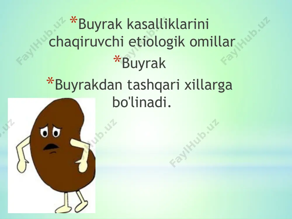 isoblanadi. uning asosiy klinik tiplari o'tkir, surunkali va juda tez progressirlanuvchi glomerulonefritlardir. dg etiologiyasida infeksiya, toksik moddalar, immun mexanizmlarning ishga tushishiga olib keladigan ayrim ekzogen allergenlar asosiy rol o'ynaydi. ma'lum bo'lgan etiologik omillaming rolini o'tkir dg 80-90% kasallarda, surunkali va tez progressirlanuvchi xillari 5-10% kasallarda aniqlash mumkin. qolgan kasallarda dg sababi aniqlanmasdan qoladi. dg rivojlanishida a gemolitik streptokokk (4,12 tiplari) ahamiyatga ega va u spetsifik «nefritogen» shtamm deb hisoblanadi. ko'p hollarda dg bevosita immun mexanizmlar ishtirokida rivojlanadi. streptokokkdan keyingi o'tkir dg bu - angina yoki faringitdan 10 -12 kun so'ng antitanalar hosil bo'lishi bilan bog'liq, ko'pincha shiddatli kechuvchi allergik nefritning rivojlanishidir. surunkali dg esa ko'pincha antigen va antitanalar ushlovchi immunkomplekslarning asta-sekinlik bilan hosil bo'lishi va ularning koptokchalar yuzasiga o'tirishi va yetarli darajada eliminatsiya qilinmasligi bilan bog'liq. tez avj oluvchi dg va ayrim surunkali dg da kasallik koptokchalar bazal membranasiga qarshi antitanalar hosil bo'lishidan iborat immun komplekslar hosil bo'lishi mexanizmini quyidagicha …
