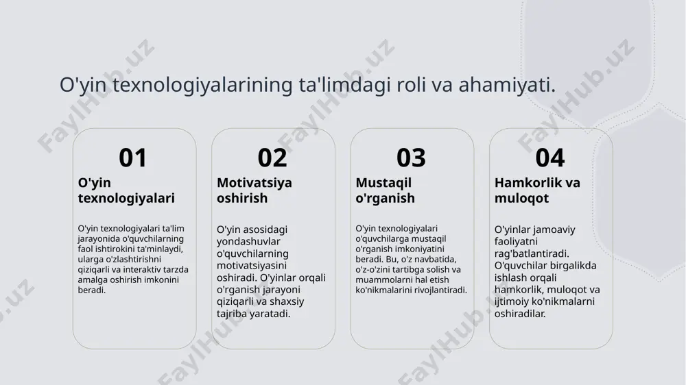 alar adabiyotida muhim o'rin egallaydi, bolalarga do'stlik, mehr-muhabbat va to'g'ri yo'l tanlashni o'rgatadi. "ta'siri va ahamiyati" "shum bola" asari o'zbek madaniyatida bolalarning tarbiyasi va o'z-o'zini anglash jarayonida muhim ahamiyatga ega bo'lib, ko'plab avlodlarga ta'sir ko'rsatgan. madaniy anglashuv: o'yin texnologiyalarining o'rni va ahamiyati. madaniyat va o'yin o'yin texnologiyalari madaniyatni o'rganish jarayonida talabalarga ko'proq interaktiv va qiziqarli tajribalar taqdim etadi. bu jarayon madaniy anglashuvni oshiradi. o'yinlar orqali o'rganish o'yin asosidagi yondashuvlar talabalarga g'afur g'ulomning asarlarini o'rganishda ko'proq ishtirok etish imkonini yaratadi, bu esa o'z navbatida madaniy merosni chuqurroq anglashga olib keladi. madaniy anglashuvni kuchaytirish o'yin texnologiyalari orqali o'quvchilarning madaniy anglashuvi rivojlanadi, chunki ular o'zbek adabiyotining kontekstida muhim qadriyatlarni va an'analarni o'rganadilar. interaktiv ta'lim: g'afur g'ulom asarlarini o'rganishda yangi yondashuvlar. o'yin asoslari o'yin asosidagi yondashuvlar ta'lim jarayonini qiziqarli qiladi. talabalar o'zaro muloqotda bo'lib, g'afur g'ulom asarlarini faol o'rganishadi. madaniy anglash g'afur g'ulom asarlaridagi madaniy merosni o'yinlar orqali o'rganish, talabalar uchun o'zbek adabiyotining ahamiyatini …