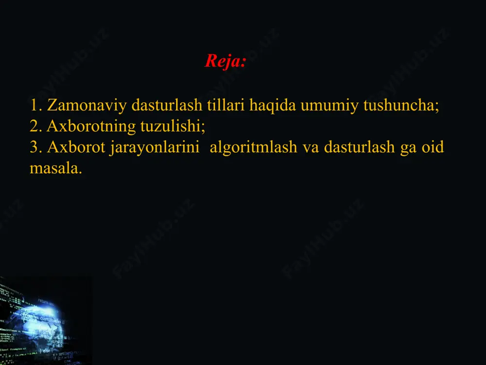 ardan o'quv vositasi sifatida foydalanish darajasi oshmoqda; -fundamental va amaliy xarakterdagi ilmiy tad-qiqotlar bilan shug'ullanuvchilar uchun mos universal matematik paketlar yaratilmoqda va bu paketlar ilmiy tadqiqot natijalariga ijobiy ta'sir ko'rsatmoqda; -professional matematik paketlar bo'yicha maxsus adabiyotlar ko'paymoqda. kelajakda ta'lim va ilmiy tadqiqot ishlarida professional matematik paketlardan foydalanishga bo'lgan e'tiborning yanada kuchayishi shubhasizdir. shu nuqtai-nazardan olganda, ayniqsa, matematika, mexanika, amaliy matematika va informatika, informasion texnologiyalar, iqtisodiyot, sosiologiya va boshqa qator mutaxassislik yo'nalishlari bo'yicha shug'ullanuvchilarning professional matematik paketlar bilan ta'minlanish darajasini yuqoriga ko'tarish dolzarb muammolardan biridir. biz yashayotgan davrning xarakterli xususiyatlaridan biri inson faoliyatining barcha sohalarida kompyuter texnologiyalarining keng qo’llanilishi bo’lib, bu jarayonda informatika fani muhim o’rin tutmoqda. "informatika" fani xx asrining 50 yillari boshlarida paydo bo’ldi. informasiya so’zi lotincha "information" so’zidan olingan bo’lib, "tushuntirish", "tasvirlash“ degan ma’noni anglatadi. biz uni axborot deb qabul qilamiz. axborotning tuzulishi informatika inson faoliyatining turli jabhalardagi axborotlarni izlash, to’plash, saqlash, uzatish, qayta ishlash va foydalanish masalalari …
