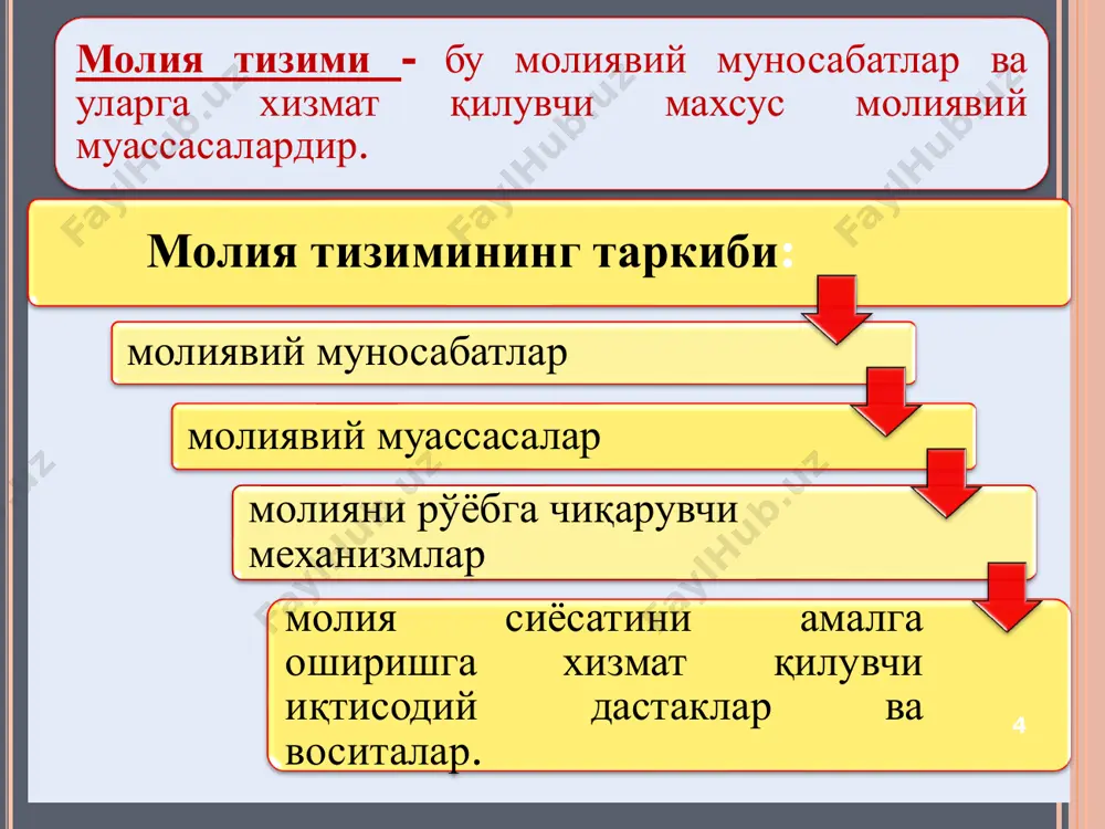 р бюджет тақчиллиги сабаблари бюджет тақчиллигининг аниқланиши • тақчилликнинг мутлоқ миқдорида • тақчилликнинг яим миқдорига нисбий ўлчамида 14 бюджет тақчиллигини қоплаш (молиялаштириш) манбаалари давлат кредити қўшимча пул эмиссияси ташқи қарз бунда давлат қарз олувчи (кредитор) сифатида чиқади, яъни давлат заём облигацияларини чиқариш орқали иқтисодиёт субъектларининг молиявий ресурсларини жалб қилади. бунда марказий банк муомалага товар ҳажмининг кўпайиши билан қопланмаган қўшимча пул массасини чиқаради. пул массасининг ўсиши жамият реал бойлигининг кўпайиши билан бирга бормаслиги туфайли инфляцион жараён кучаяди. халқаро кредит ривожланган шароитда давлат ўзига зарур молиявий ресурсларни миллий чегарадан ташқаридаги манбаалардан жалб қилишга ҳаракат қилади. ташқи қарзлар миллий даромаднинг фоиз тўловлари шаклида четга чиқиб кетишига сабаб бўлади. давлат қарз мажбуриятларини тўлаш вақтини кечиктириш усуллари: •қисқа муддатли мажбуриятларини, ўрта ва узоқ муддатли заёмларга алмаштириш •қисқа муддатли мажбуриятларини анча юқори фоиз бўйича янги, узоқ муддатли заёмлар чиқариш ҳисобига сотиб олиш 15 1  ҳисоб (қайта молиялаштириш) ставкалари.  тижорат банкларининг марказий банкдаги заҳиралари минимал …